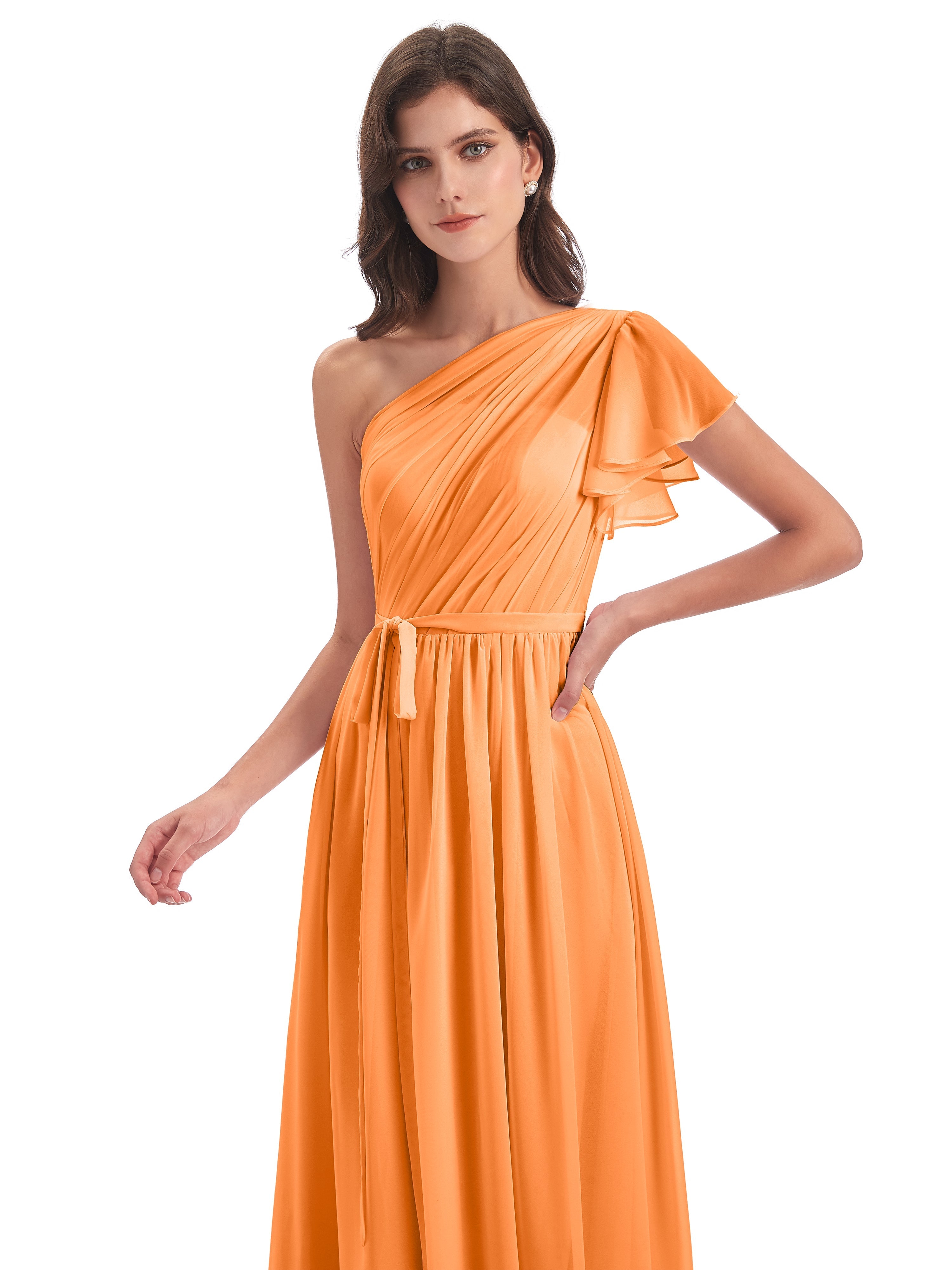 Demoiselle Dhonneur Robe Orange Balayage/Pinceau Traîne Seule-Épaule Robes Demoiselle D'Honneur