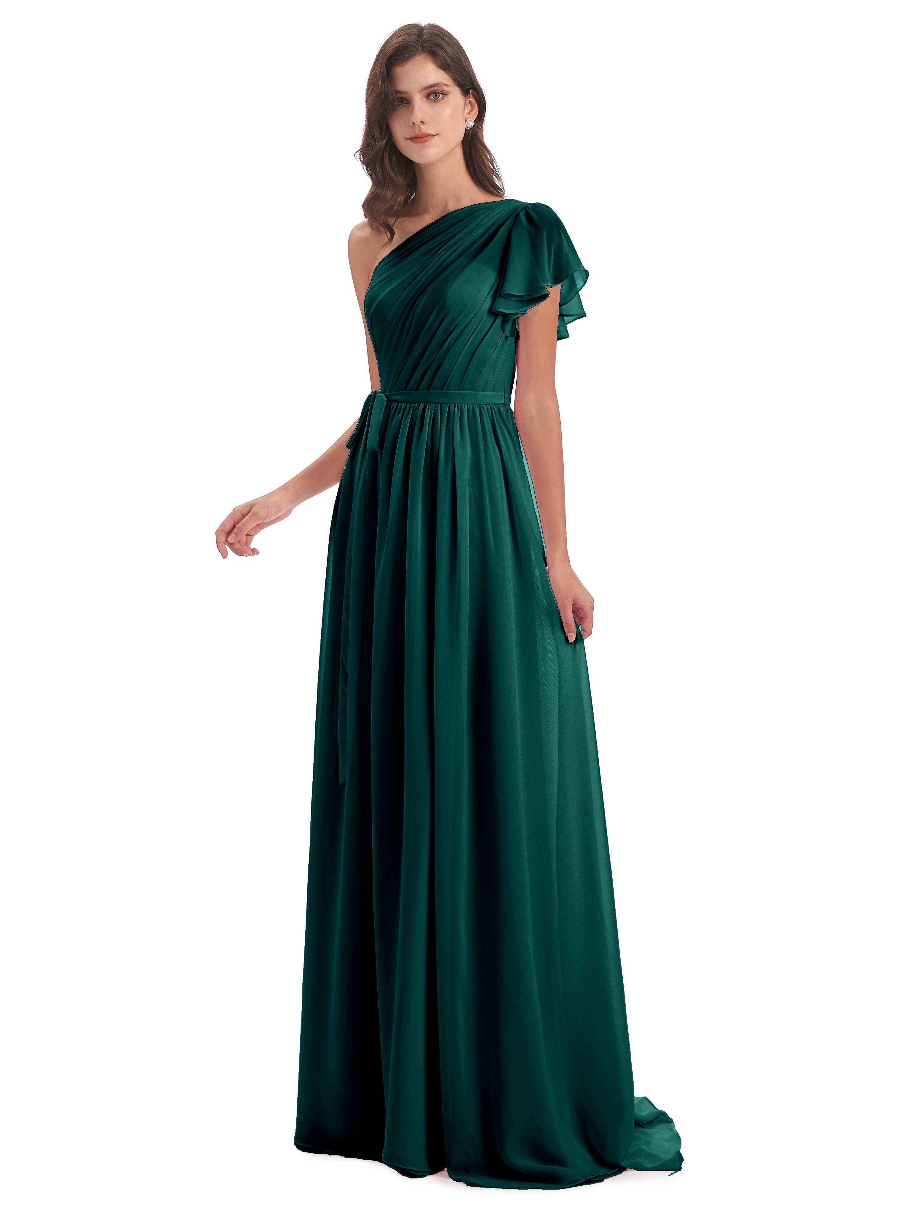Robe De Demoiselle D'Honneur En Mousseline De Paon Balayage/Pinceau Traîne Seule-Épaule Robes Demoiselle D'Honneur