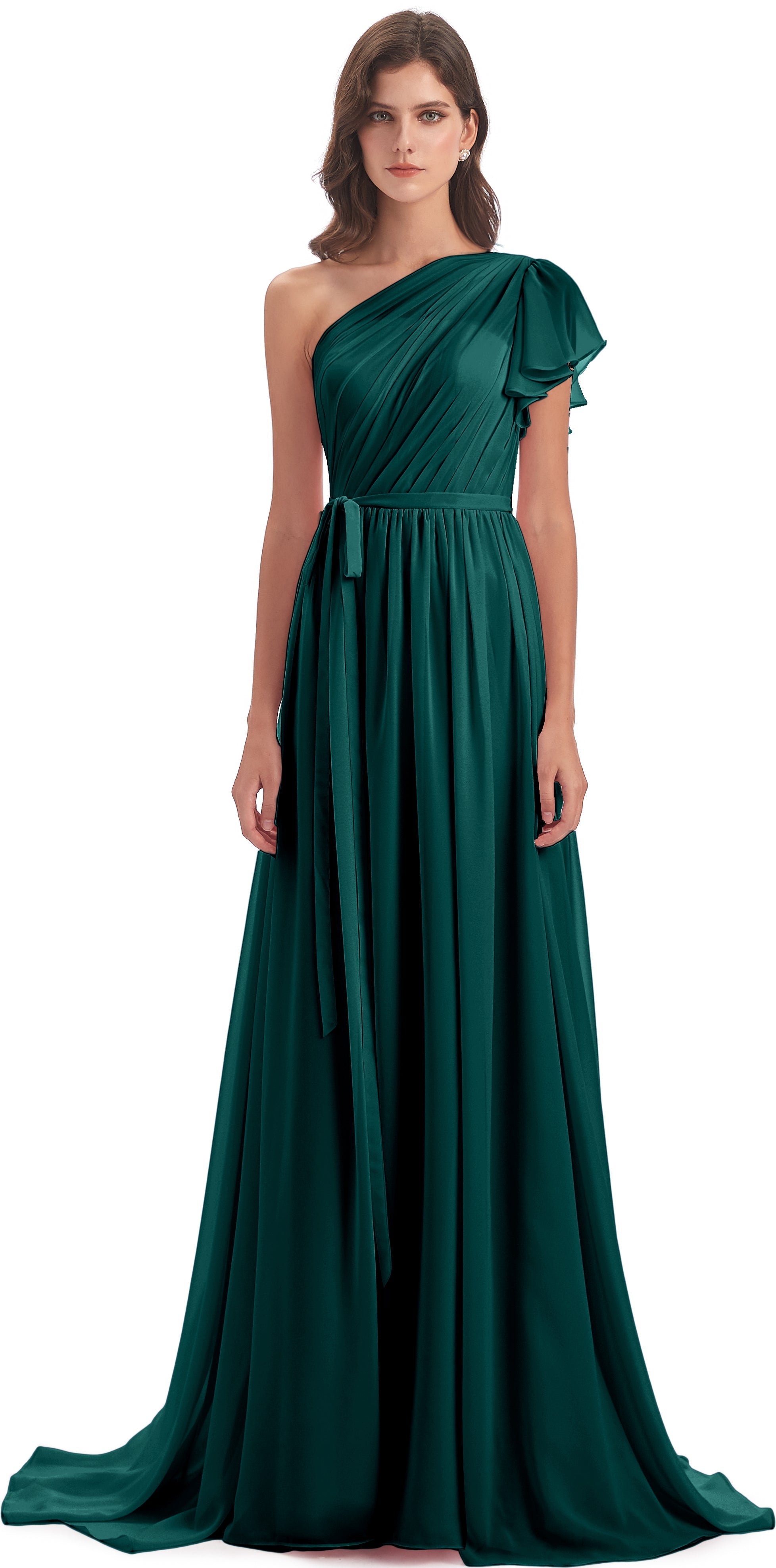Robe De Demoiselle D'Honneur En Mousseline De Paon Balayage/Pinceau Traîne Seule-Épaule Robes Demoiselle D'Honneur