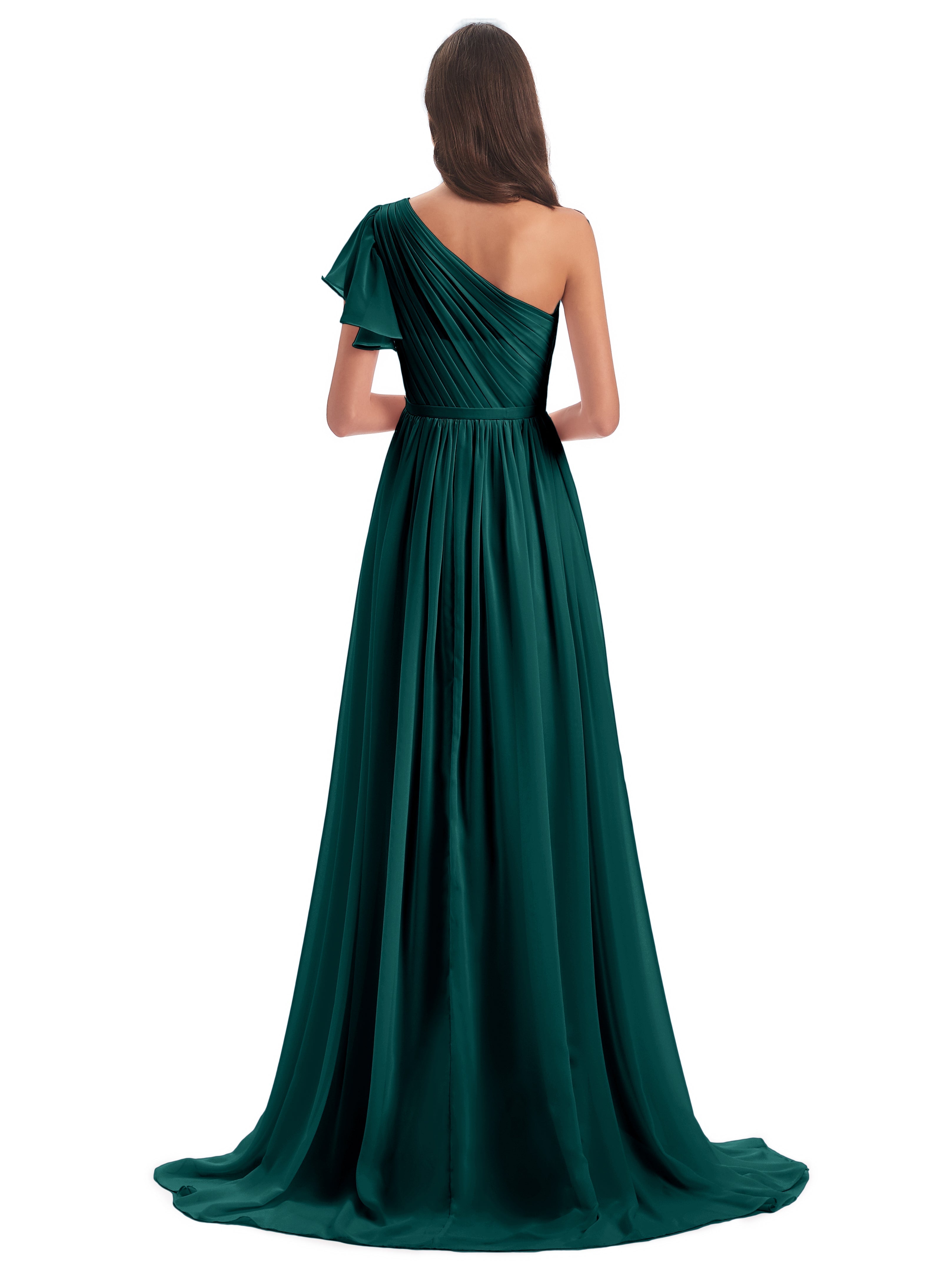 Robe De Demoiselle D'Honneur En Mousseline De Paon Balayage/Pinceau Traîne Seule-Épaule Robes Demoiselle D'Honneur