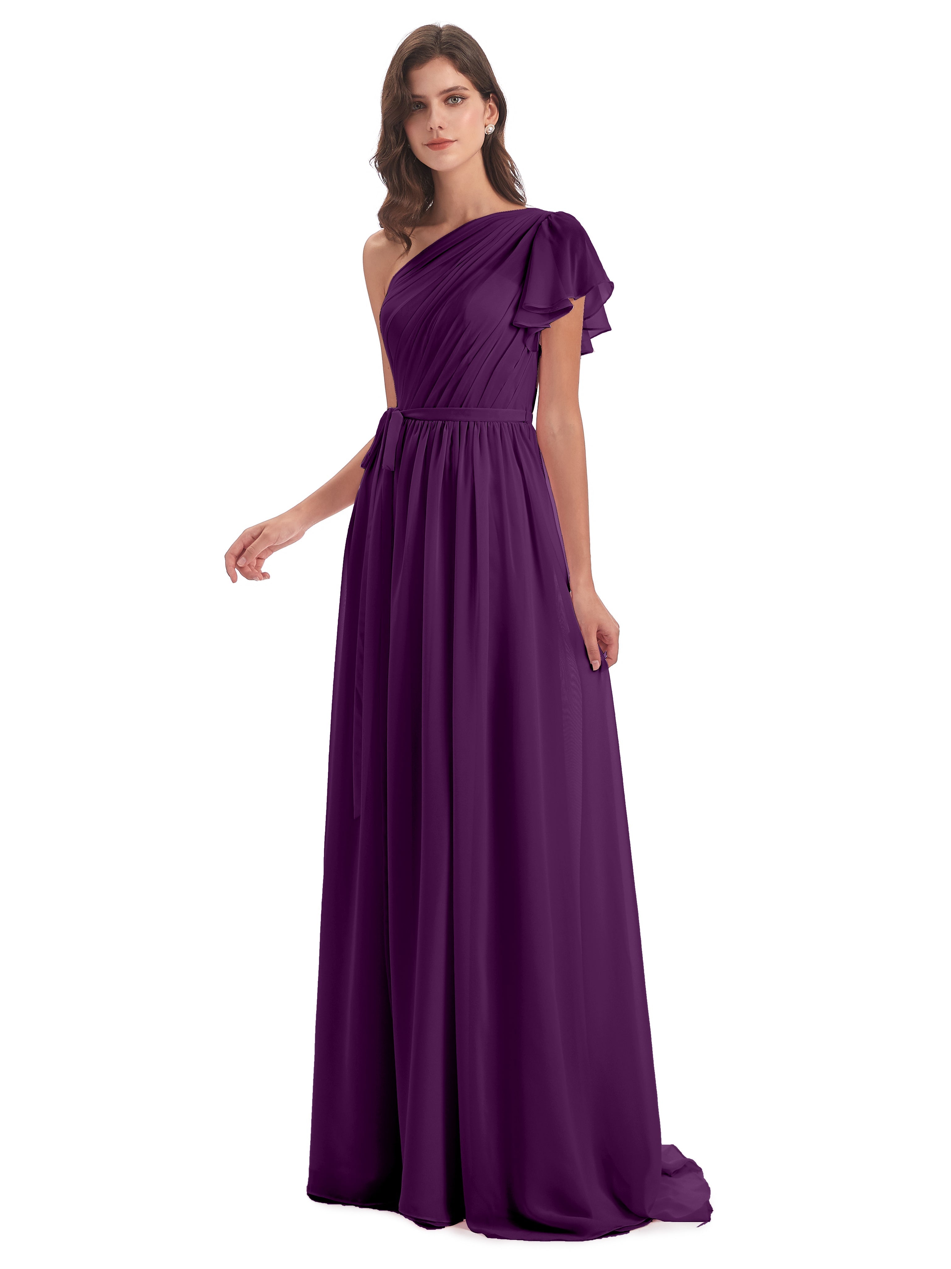 Robes De Demoiselle D'Honneur En Raisin Balayage/Pinceau Traîne Seule-Épaule Robes Demoiselle D'Honneur