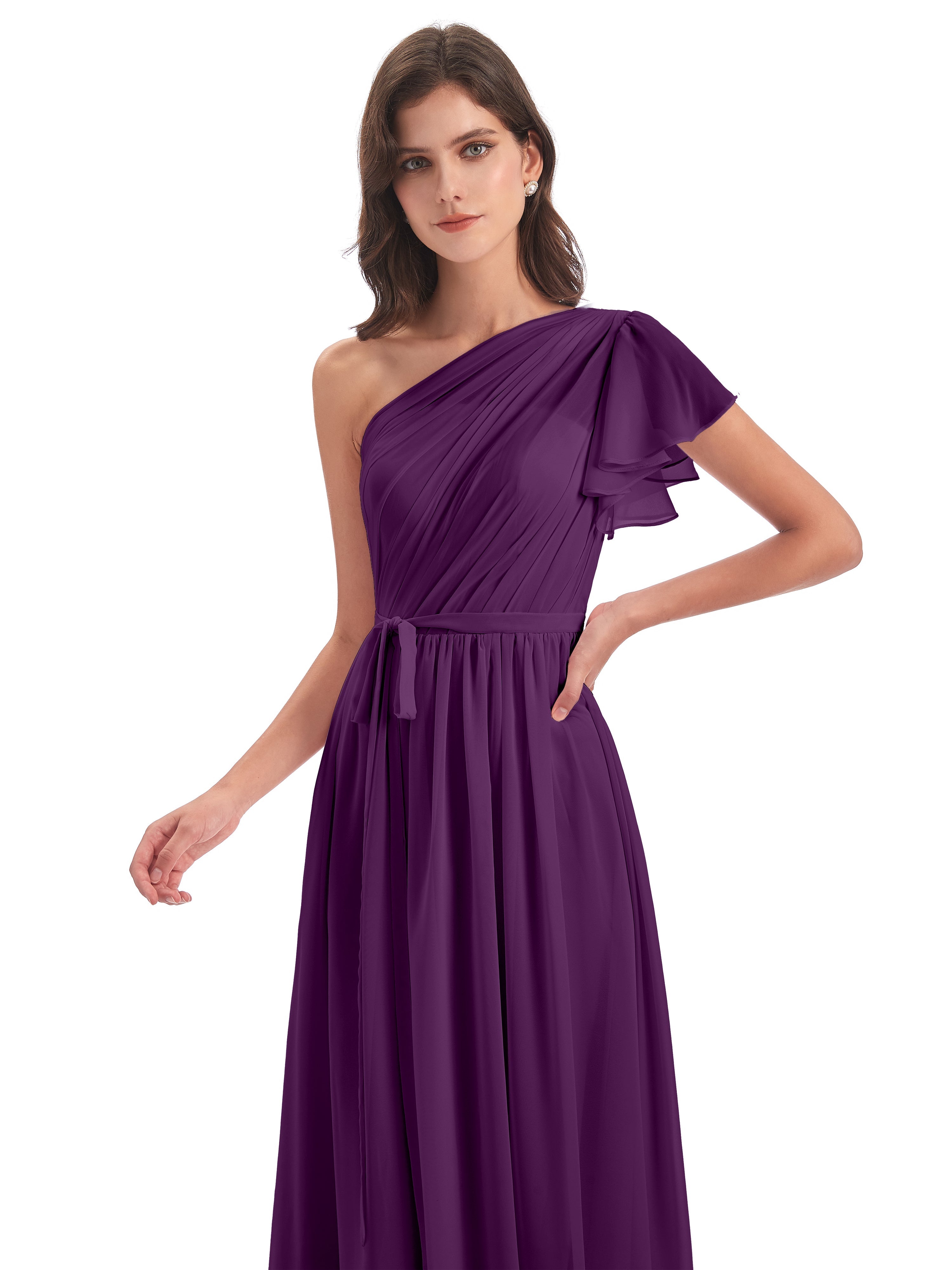 Robes De Demoiselle D'Honneur En Raisin Balayage/Pinceau Traîne Seule-Épaule Robes Demoiselle D'Honneur