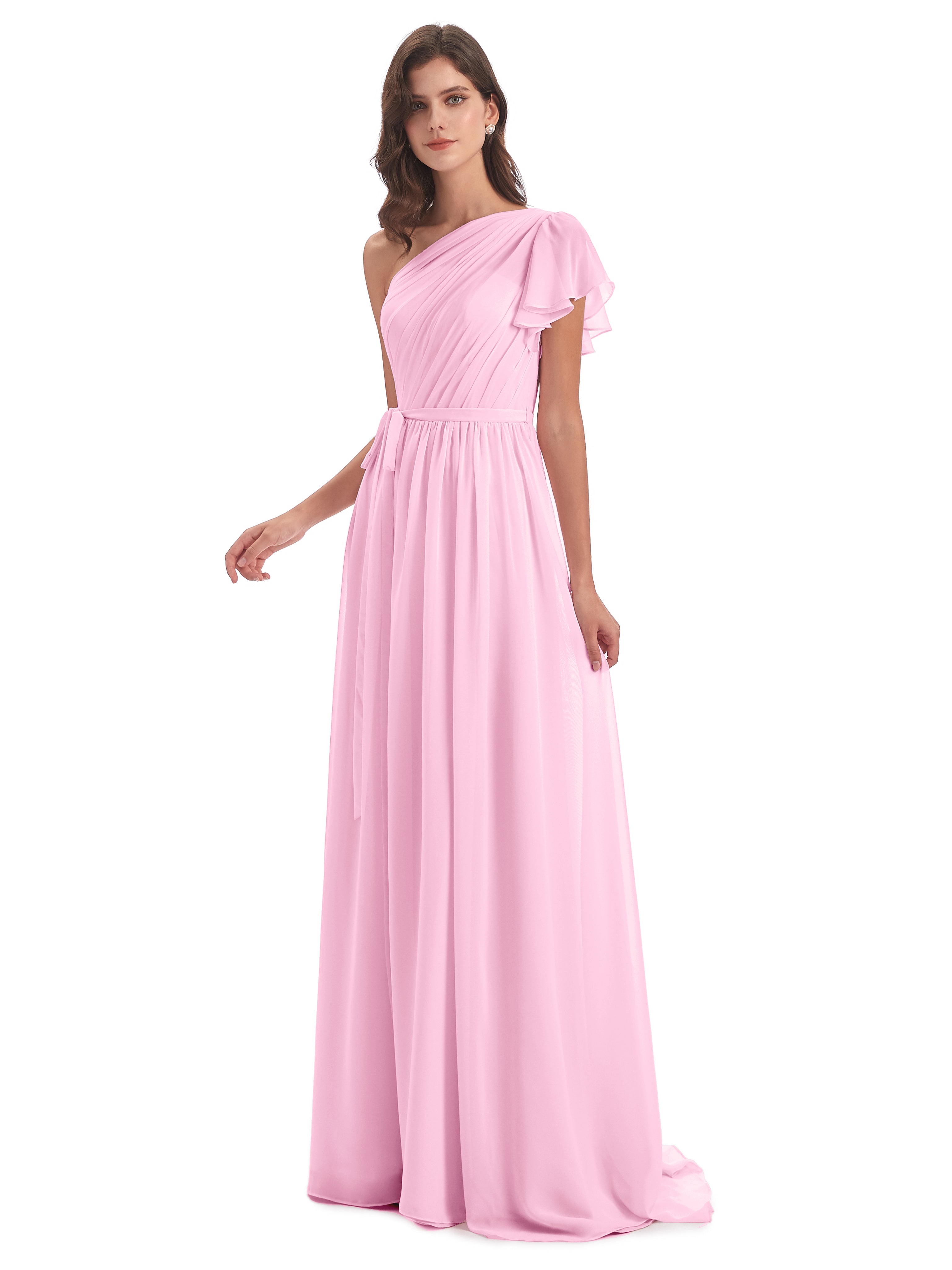 Robe Demoiselle D Honneur Rose Bonbon Balayage/Pinceau Traîne Seule-Épaule Robes Demoiselle D'Honneur