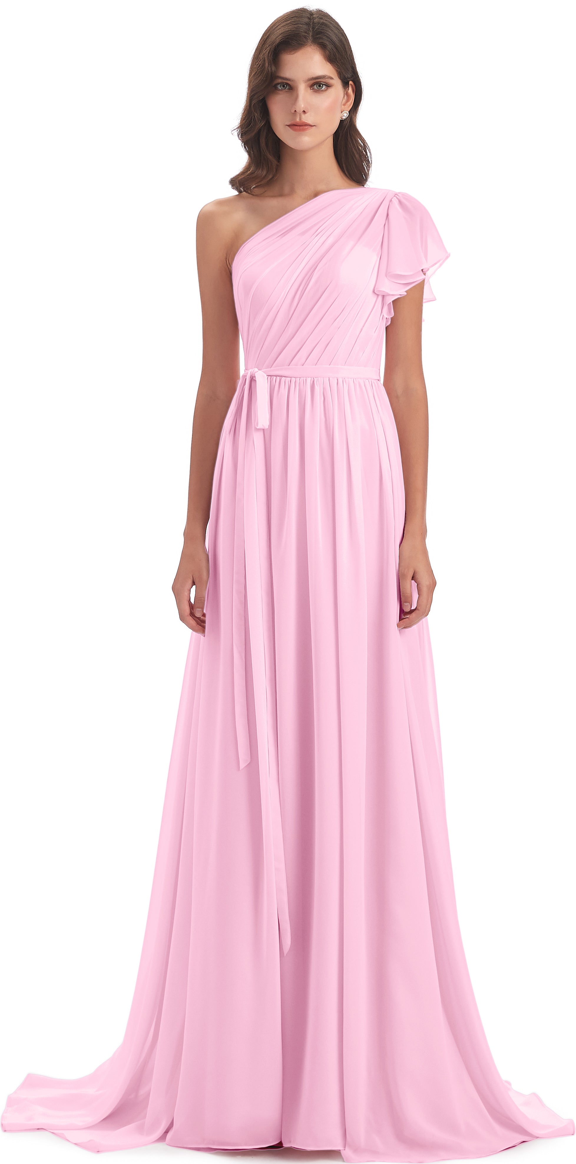 Robe Demoiselle D Honneur Rose Bonbon Balayage/Pinceau Traîne Seule-Épaule Robes Demoiselle D'Honneur