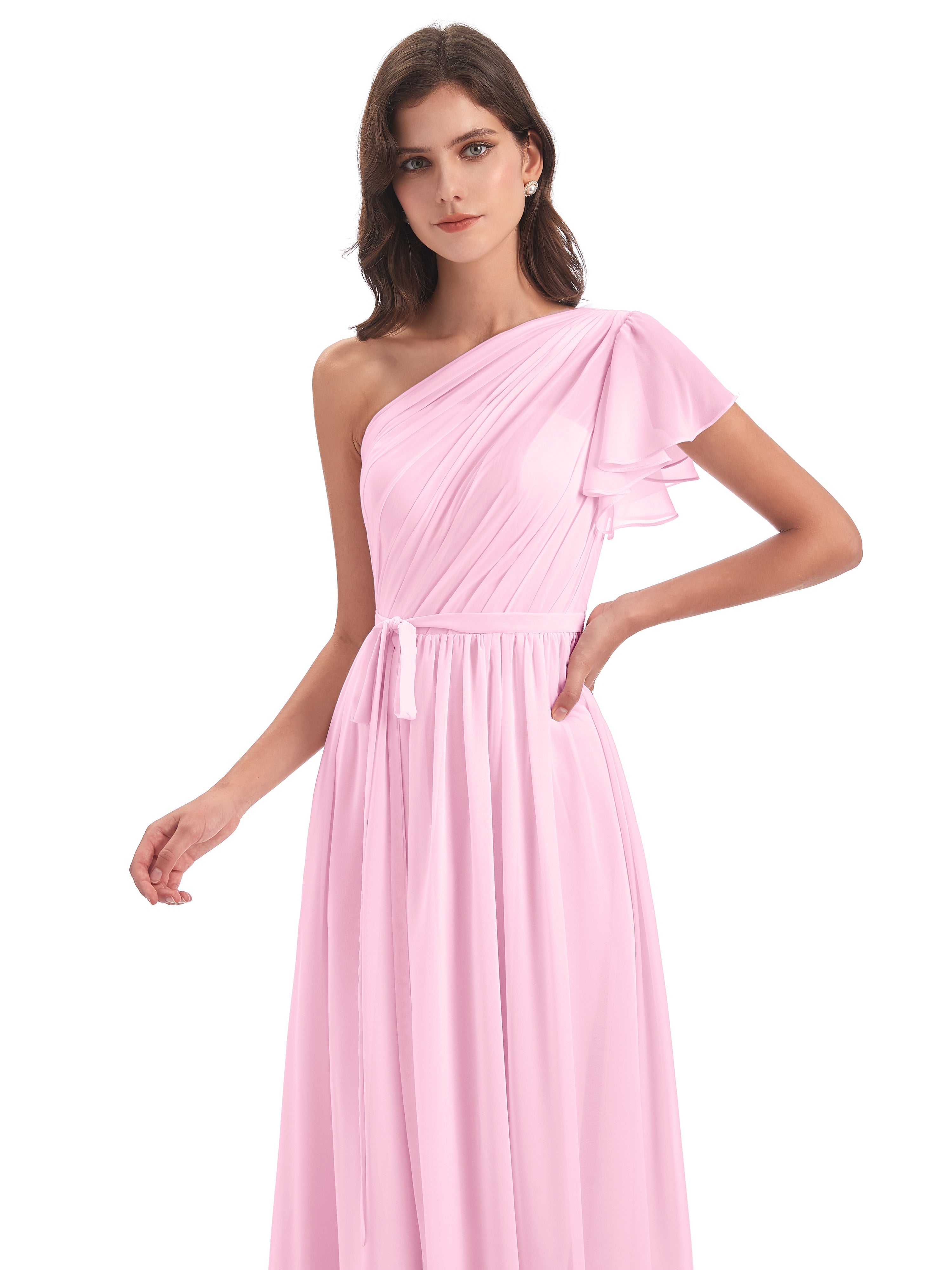 Robe Demoiselle D Honneur Rose Bonbon Balayage/Pinceau Traîne Seule-Épaule Robes Demoiselle D'Honneur