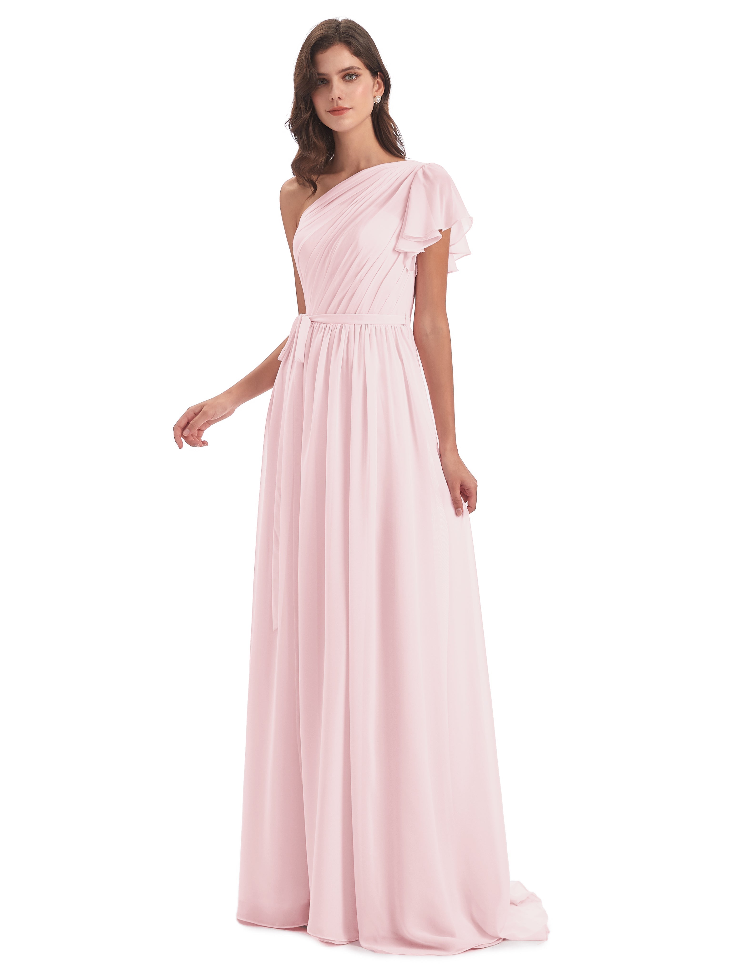 Robes Demoiselle D Honneur Rose Pale Balayage/Pinceau Traîne Seule-Épaule Robes Demoiselle D'Honneur