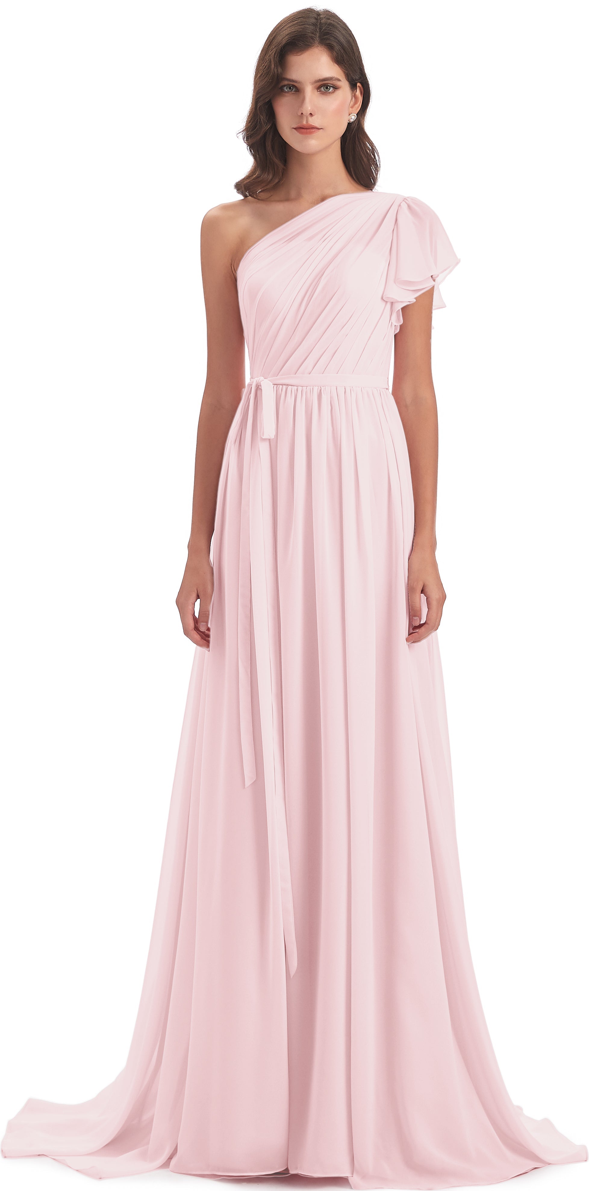 Robes Demoiselle D Honneur Rose Pale Balayage/Pinceau Traîne Seule-Épaule Robes Demoiselle D'Honneur
