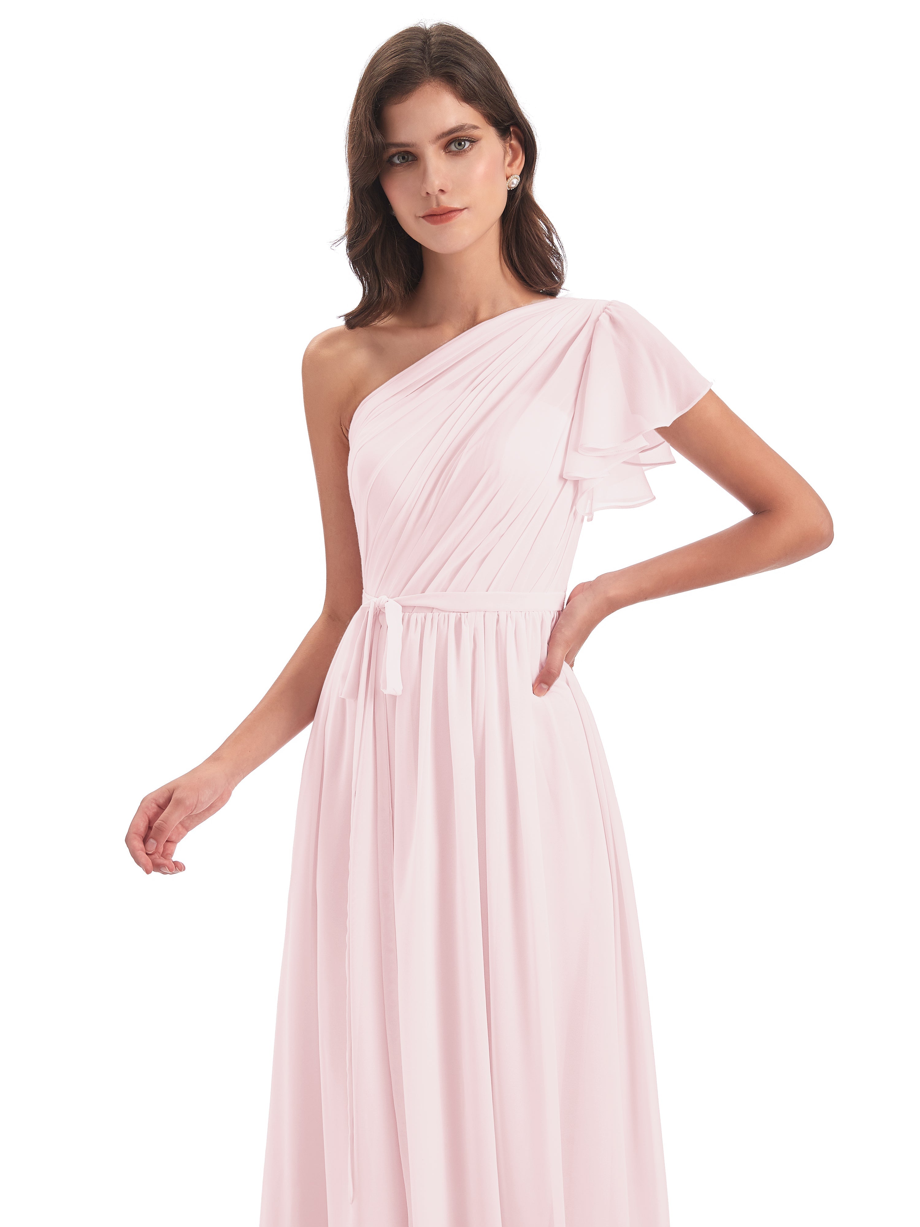 Robes Demoiselle D Honneur Rose Pale Balayage/Pinceau Traîne Seule-Épaule Robes Demoiselle D'Honneur