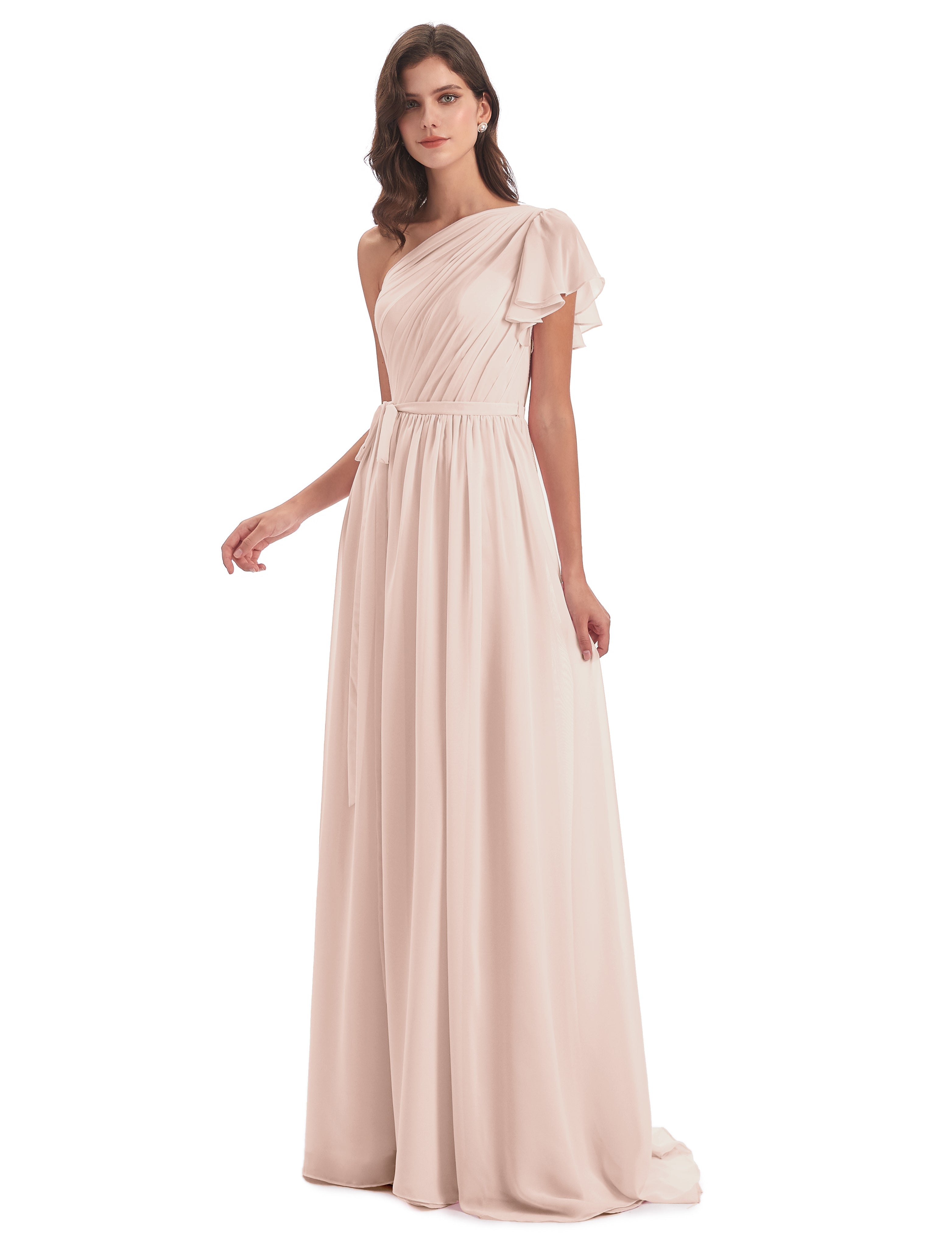 Robe Demoiselle D Honneur Rose Perle Balayage/Pinceau Traîne Seule-Épaule Robes Demoiselle D'Honneur