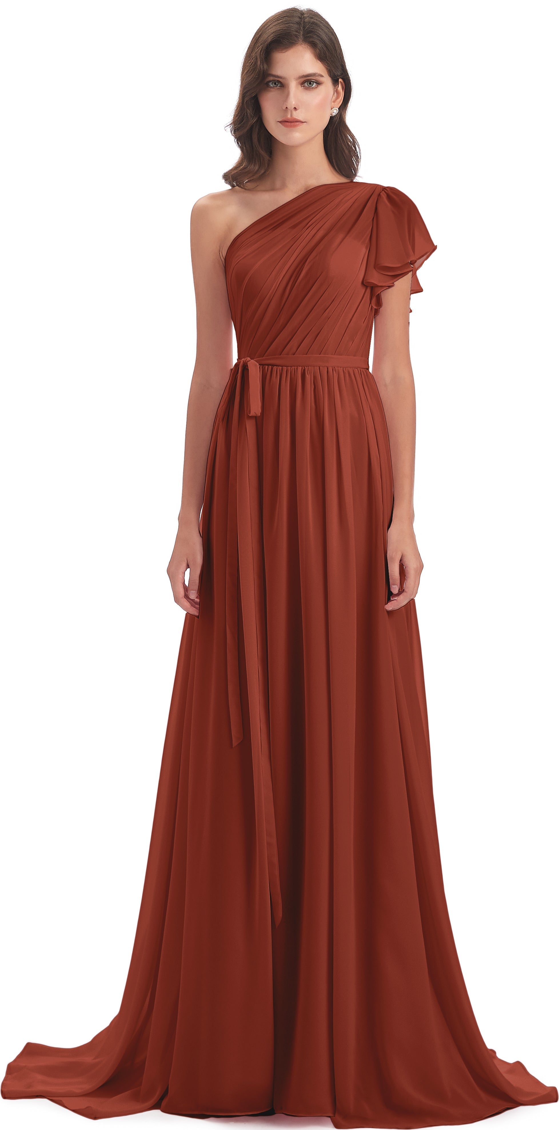 Robes De Demoiselle D'Honneur De Rouille Balayage/Pinceau Traîne Seule-Épaule Robes Demoiselle D'Honneur