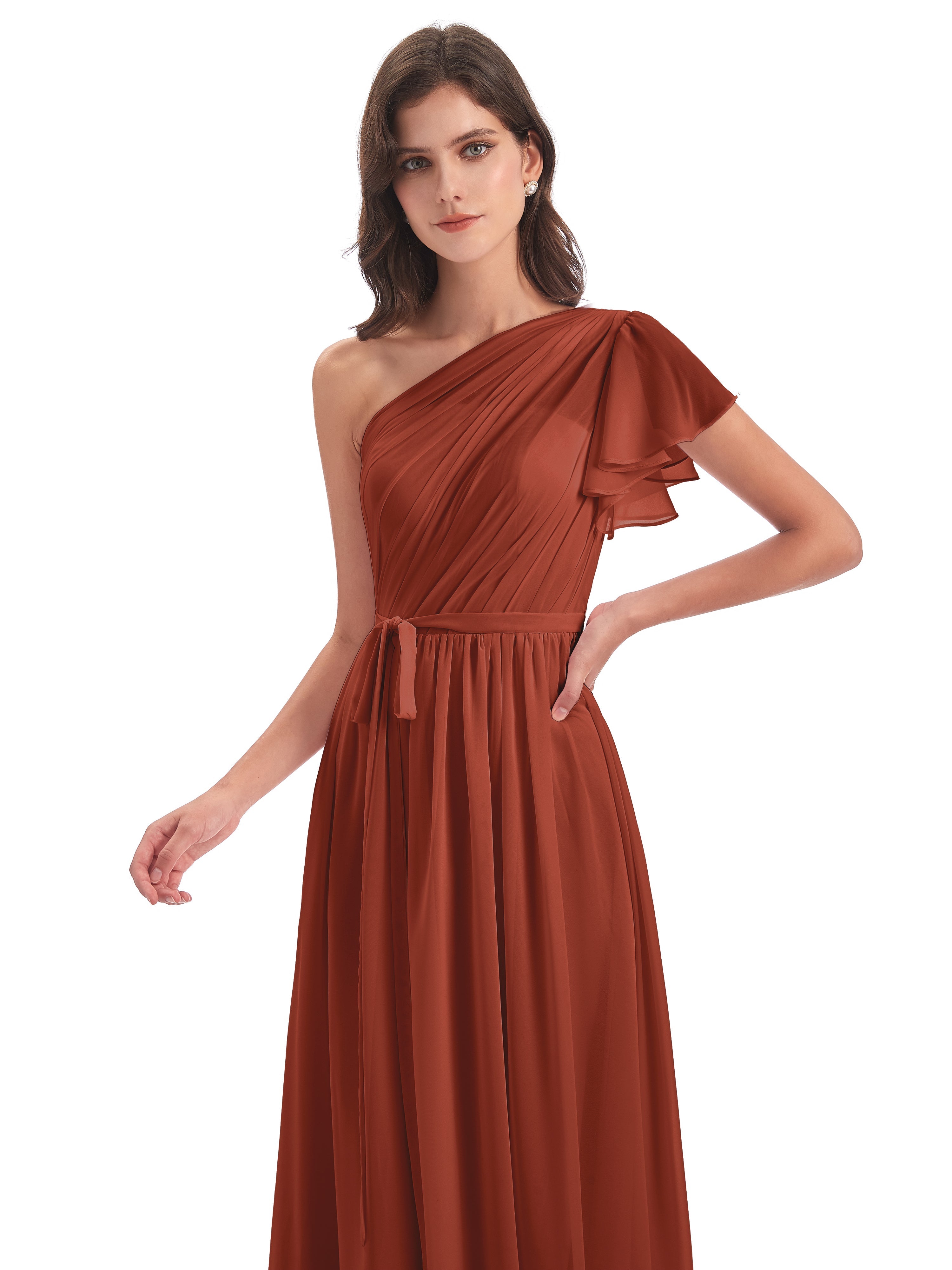 Robes De Demoiselle D'Honneur De Rouille Balayage/Pinceau Traîne Seule-Épaule Robes Demoiselle D'Honneur