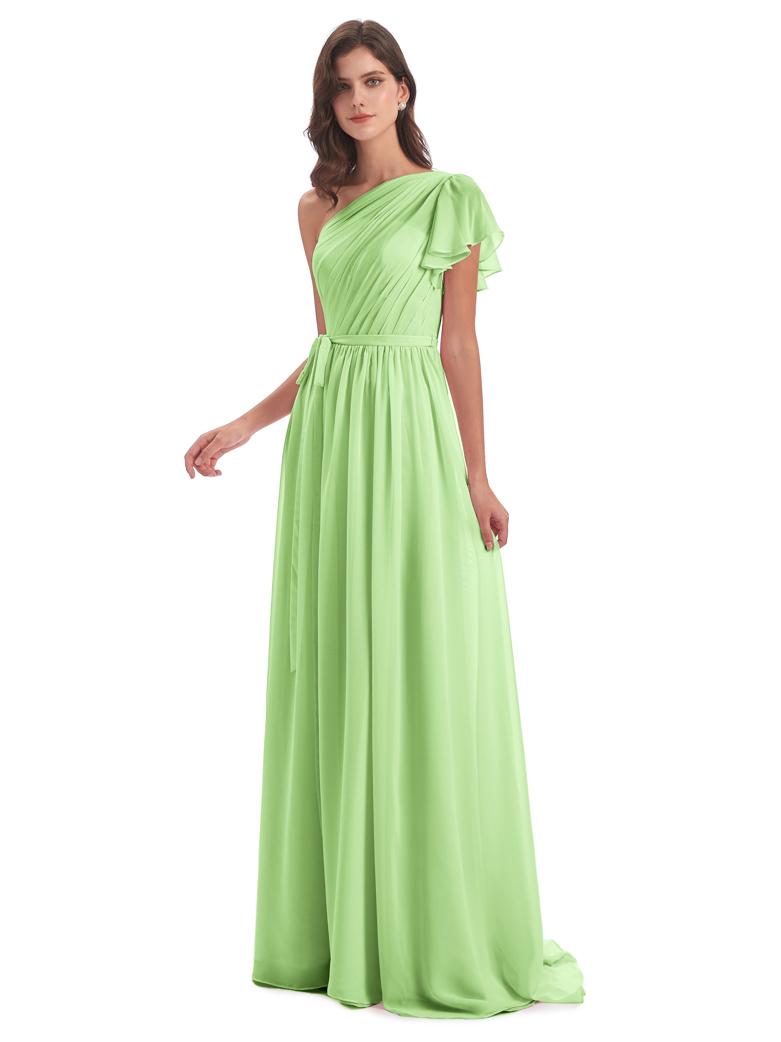 Robe Sauge Demoiselle D Honneur Balayage/Pinceau Traîne Seule-Épaule Robes Demoiselle D'Honneur