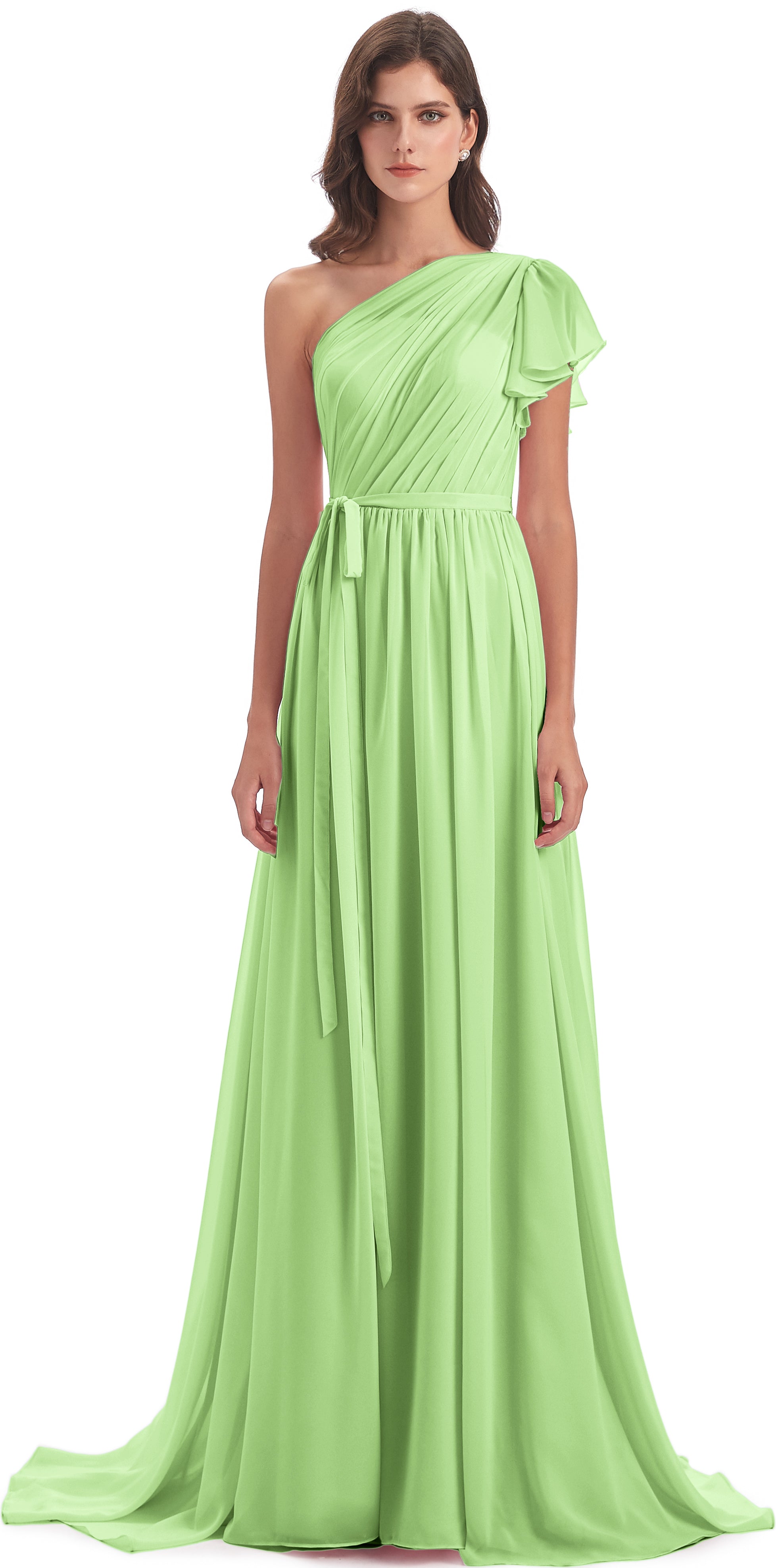 Robe Sauge Demoiselle D Honneur Balayage/Pinceau Traîne Seule-Épaule Robes Demoiselle D'Honneur