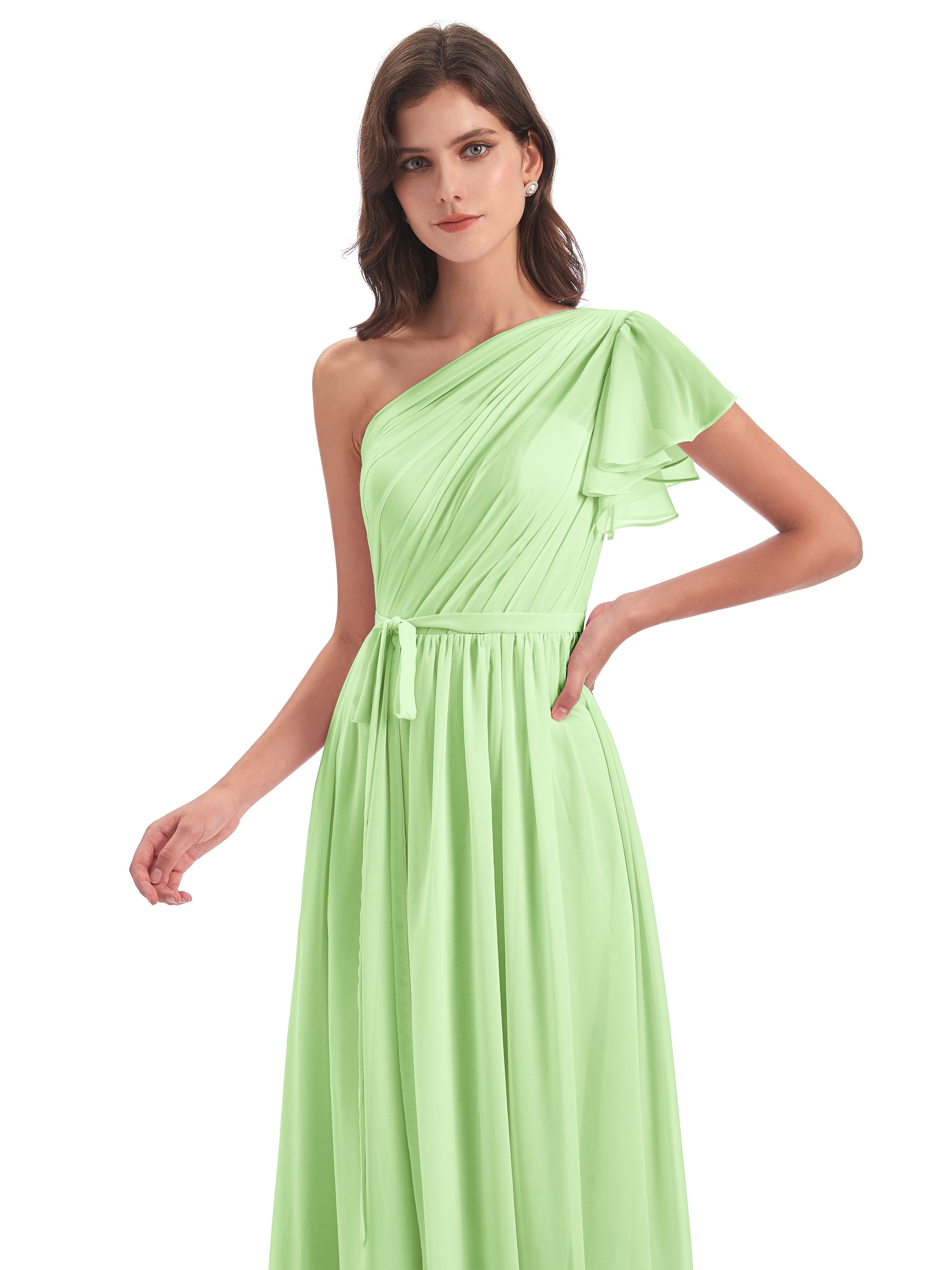 Robe Sauge Demoiselle D Honneur Balayage/Pinceau Traîne Seule-Épaule Robes Demoiselle D'Honneur