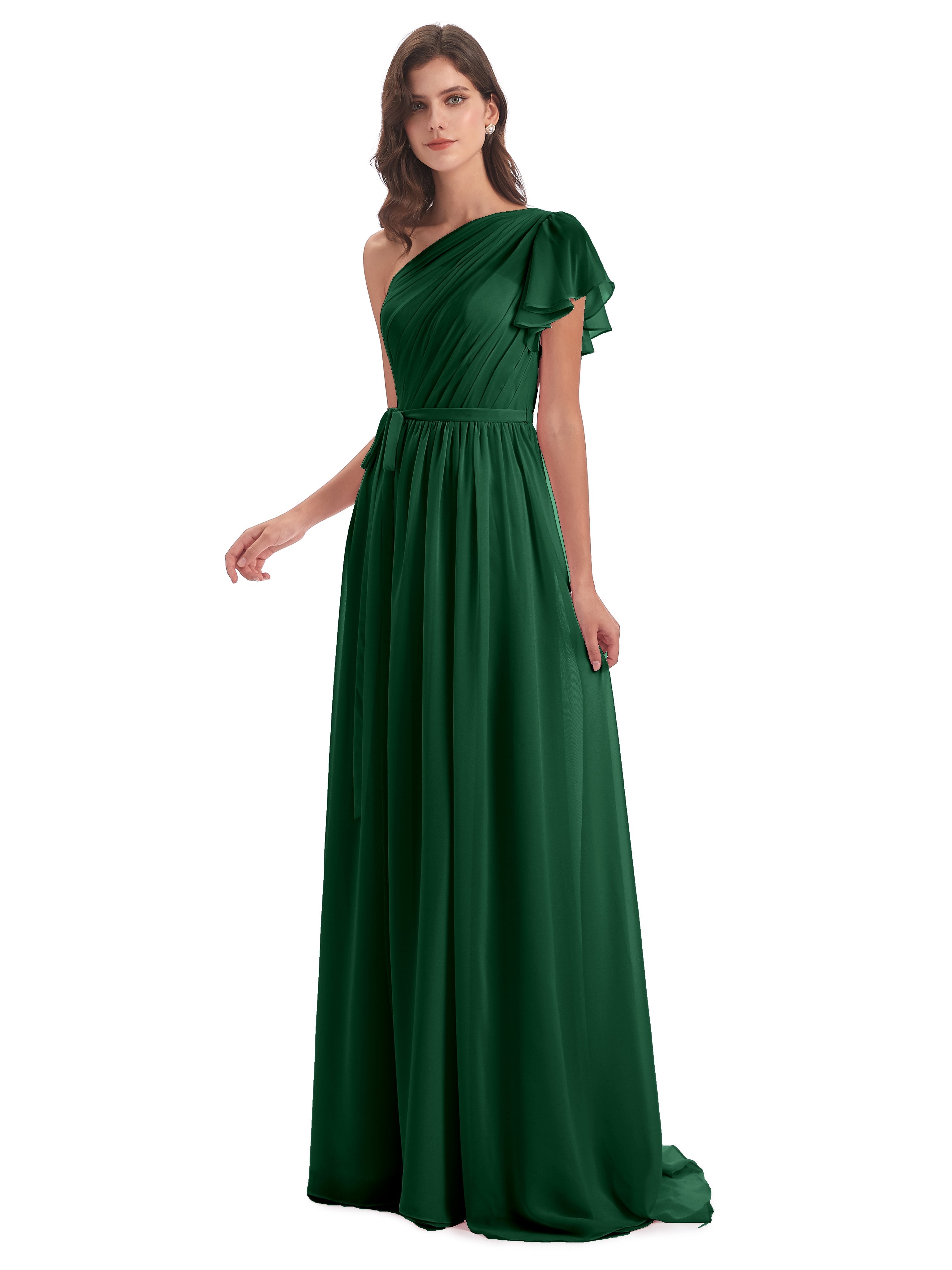 Robe Demoiselle D Honneur Vert Foncé Balayage/Pinceau Traîne Seule-Épaule Robes Demoiselle D'Honneur