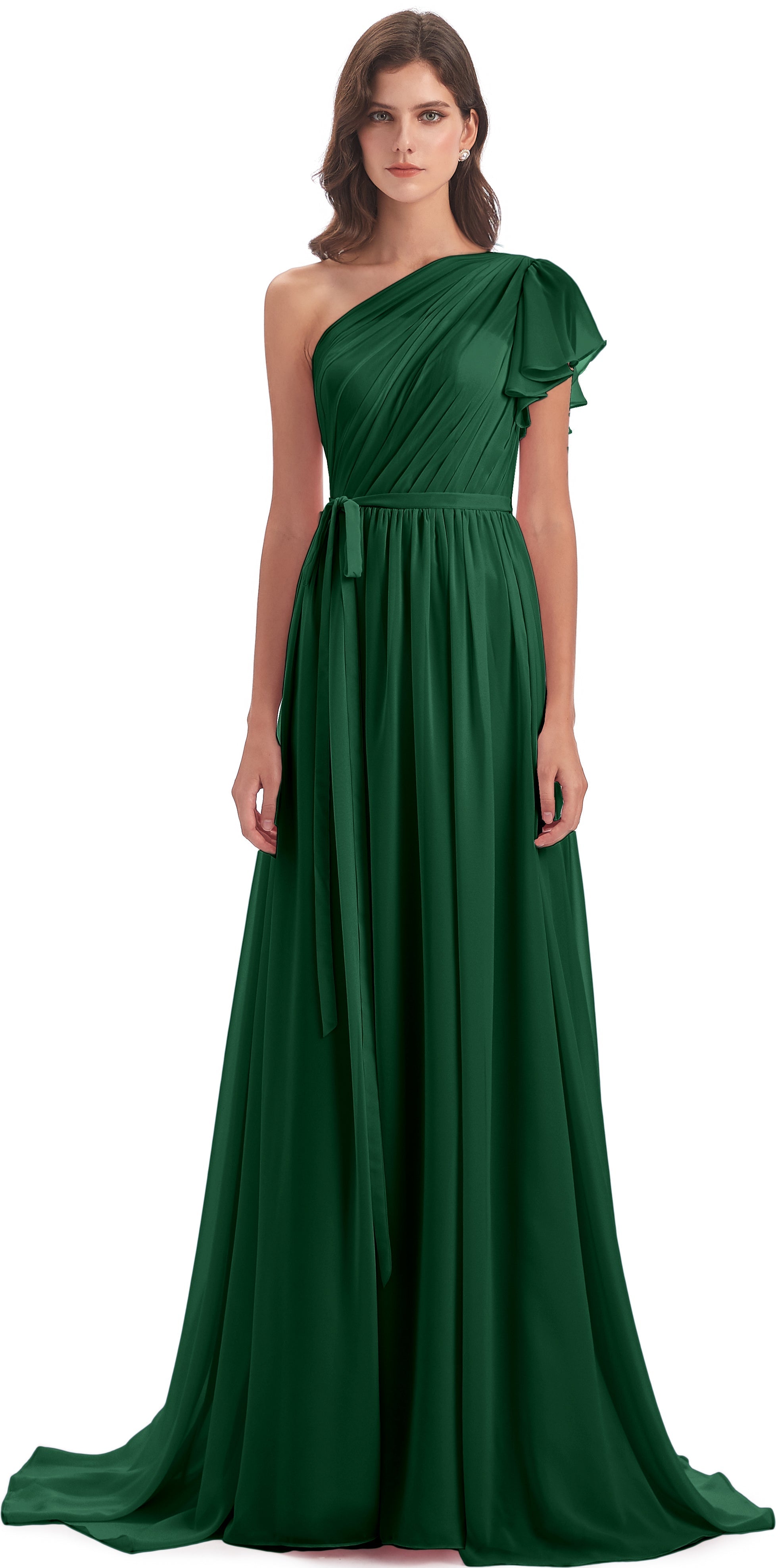 Robe Demoiselle D Honneur Vert Foncé Balayage/Pinceau Traîne Seule-Épaule Robes Demoiselle D'Honneur