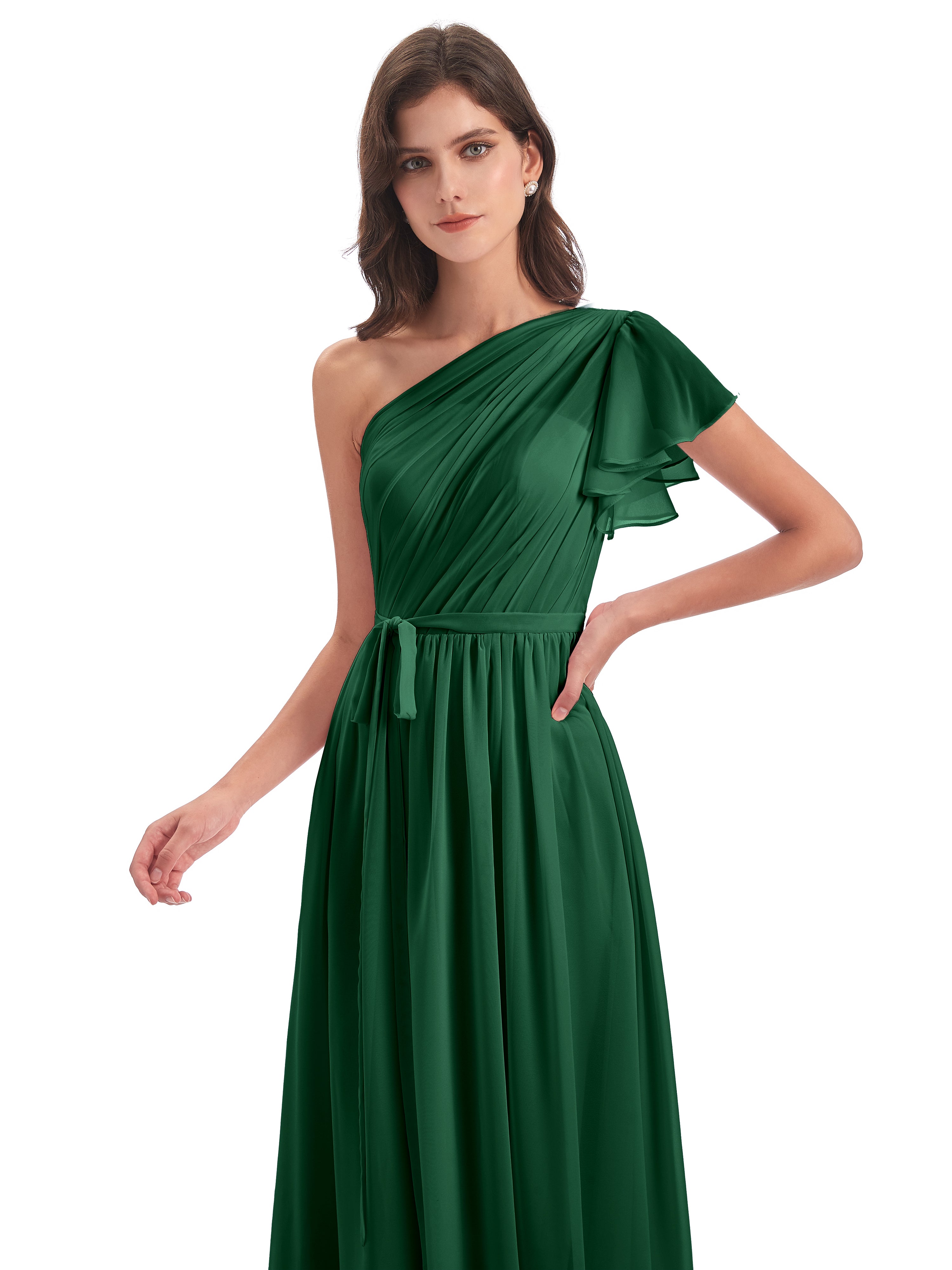 Robe Demoiselle D Honneur Vert Foncé Balayage/Pinceau Traîne Seule-Épaule Robes Demoiselle D'Honneur