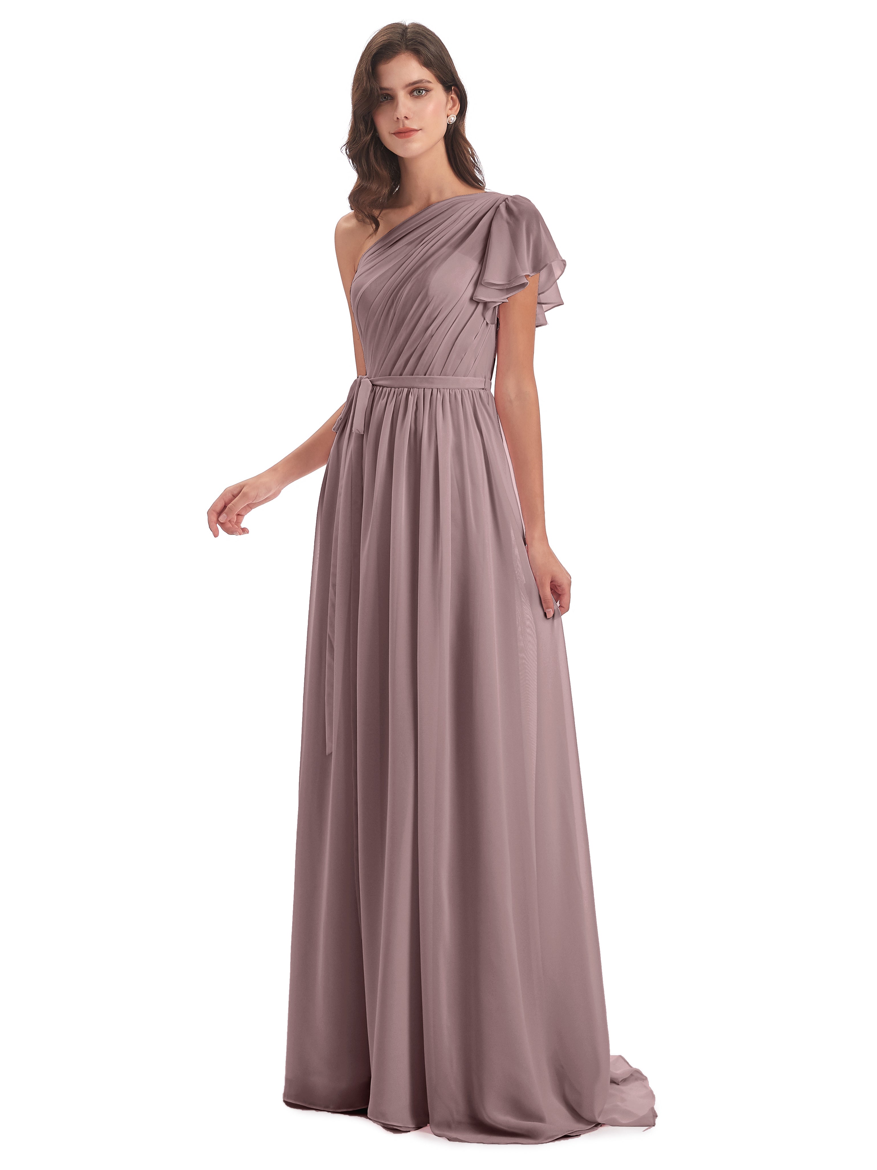 Robes De Demoiselle D'Honneur Mauve Foncé Balayage/Pinceau Traîne Seule-Épaule Robes Demoiselle D'Honneur