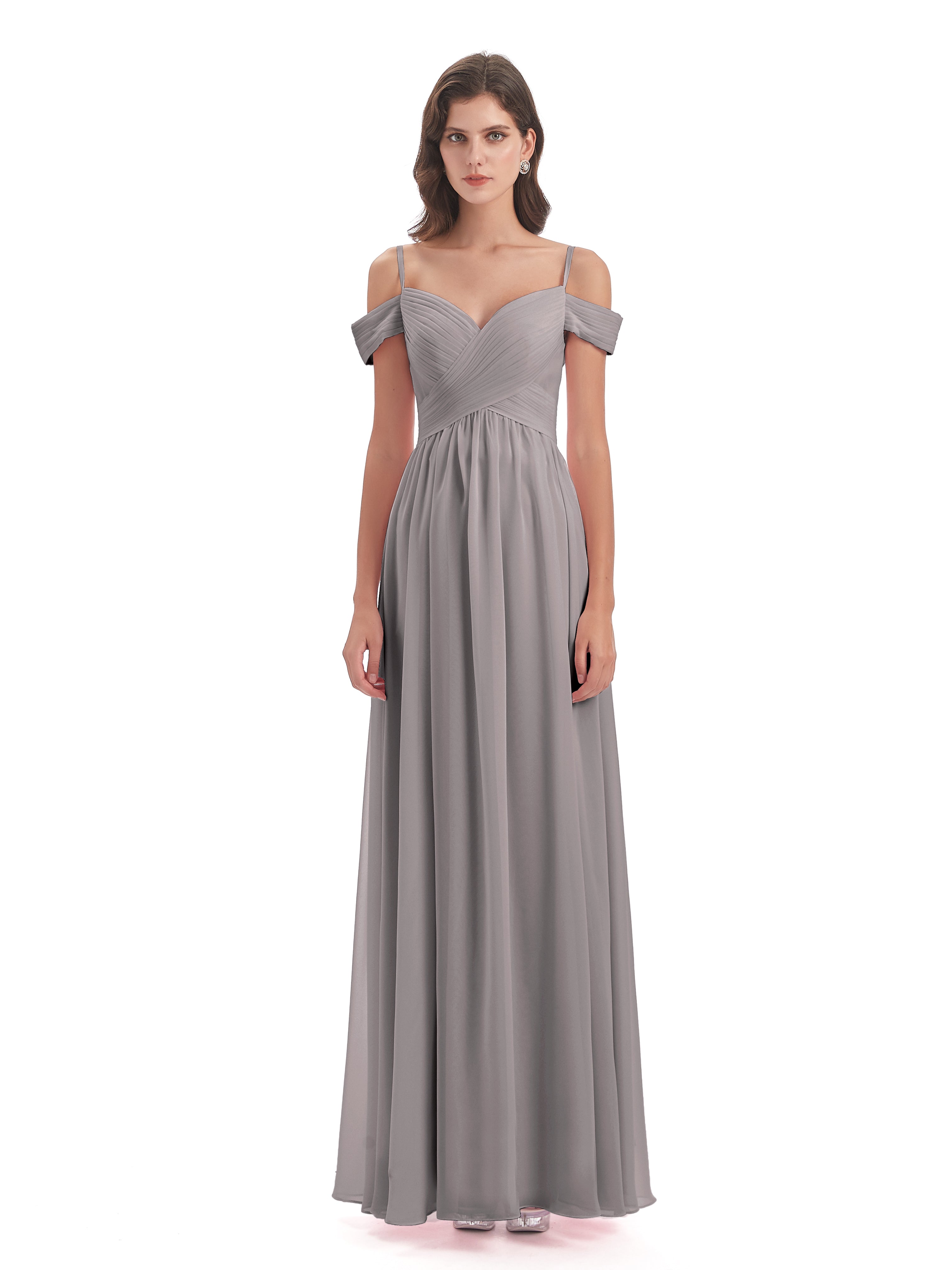 Robes De Demoiselle D'Honneur En Argent Bretelles Spaghetti Trapèze Mousseline Robes Demoiselle D'Honneur