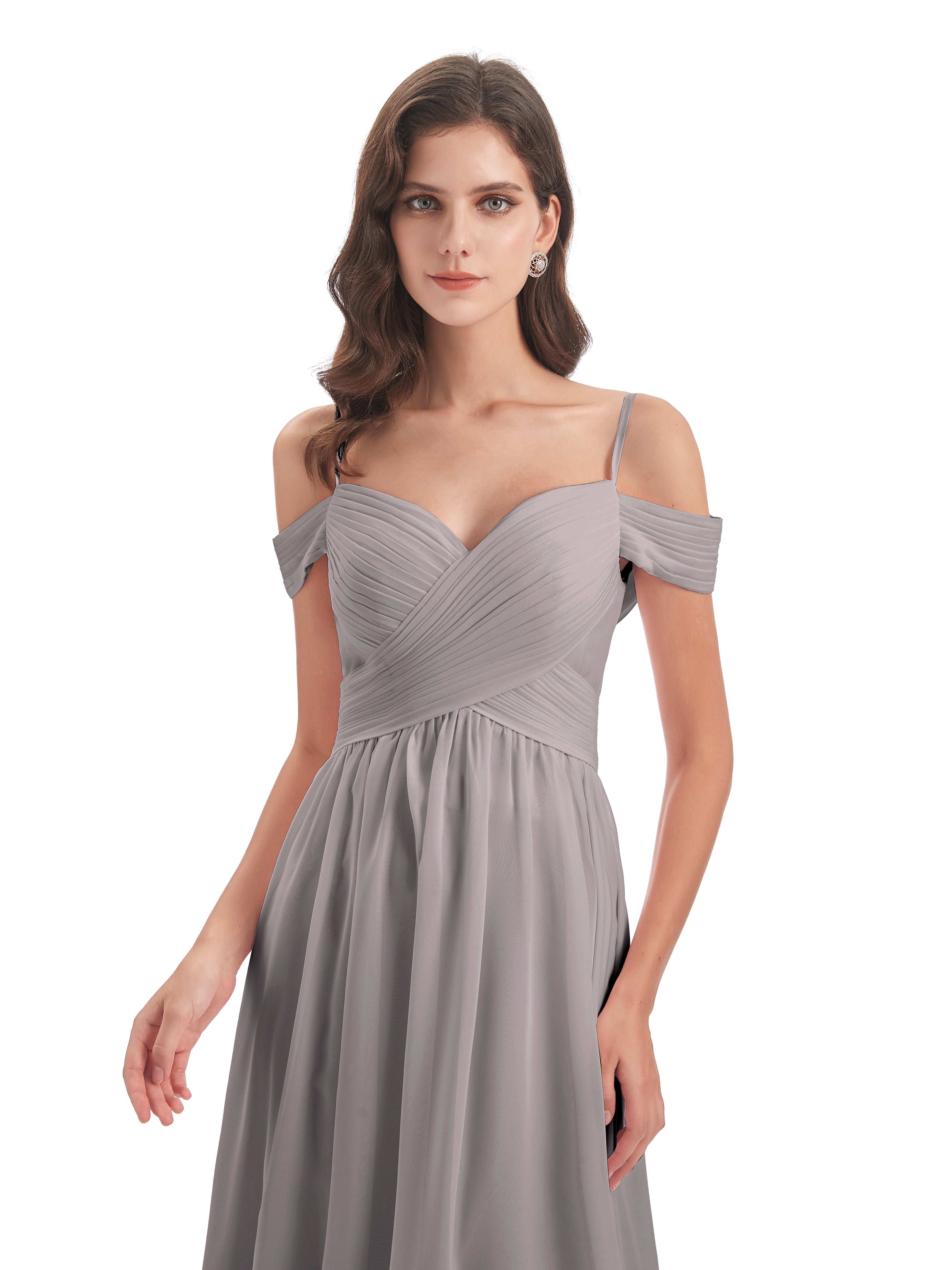 Robes De Demoiselle D'Honneur En Argent Bretelles Spaghetti Trapèze Mousseline Robes Demoiselle D'Honneur
