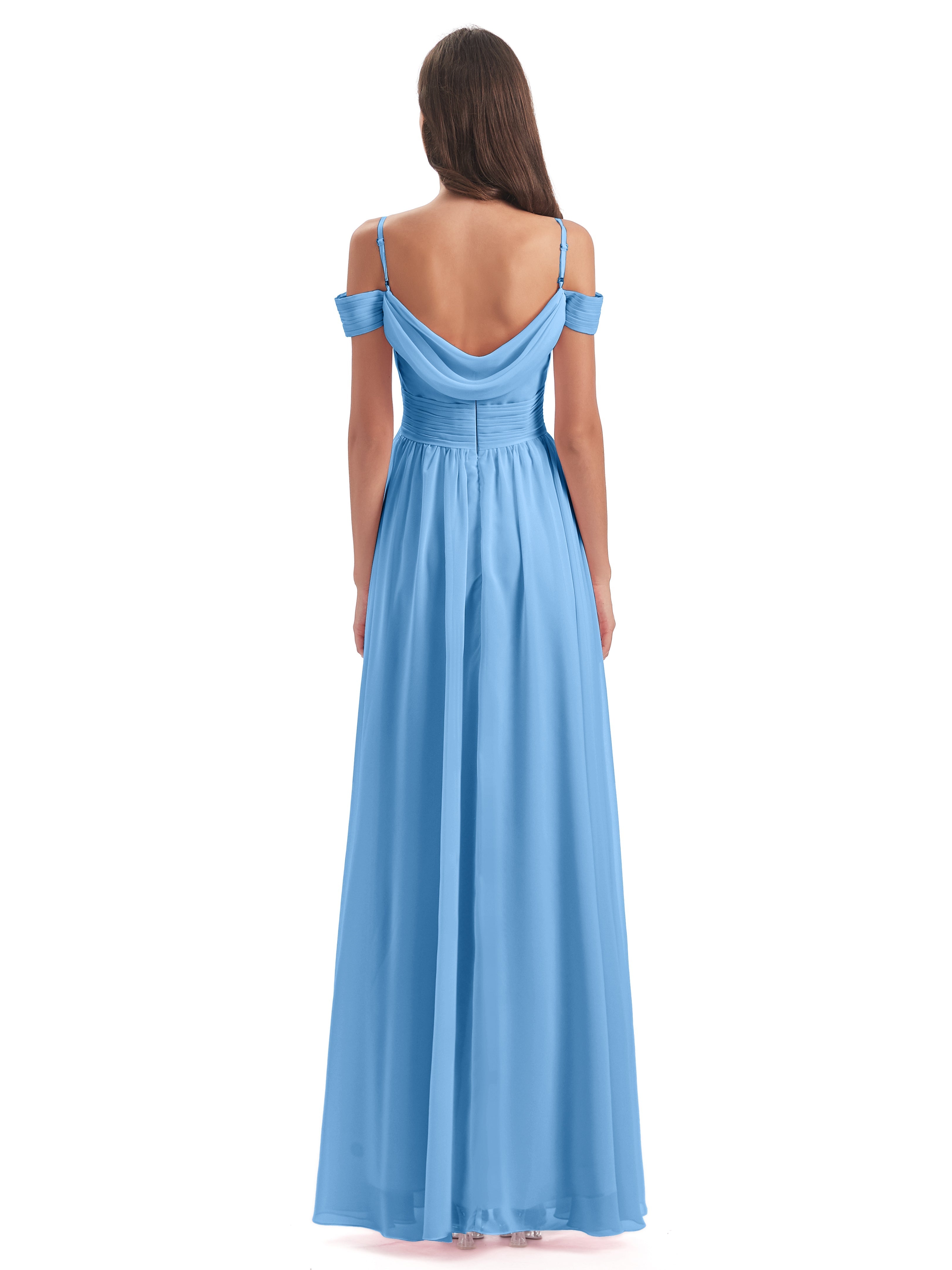 Robe Bleu Demoiselle D Honneur Bretelles Spaghetti Trapèze Mousseline Robes Demoiselle D'Honneur
