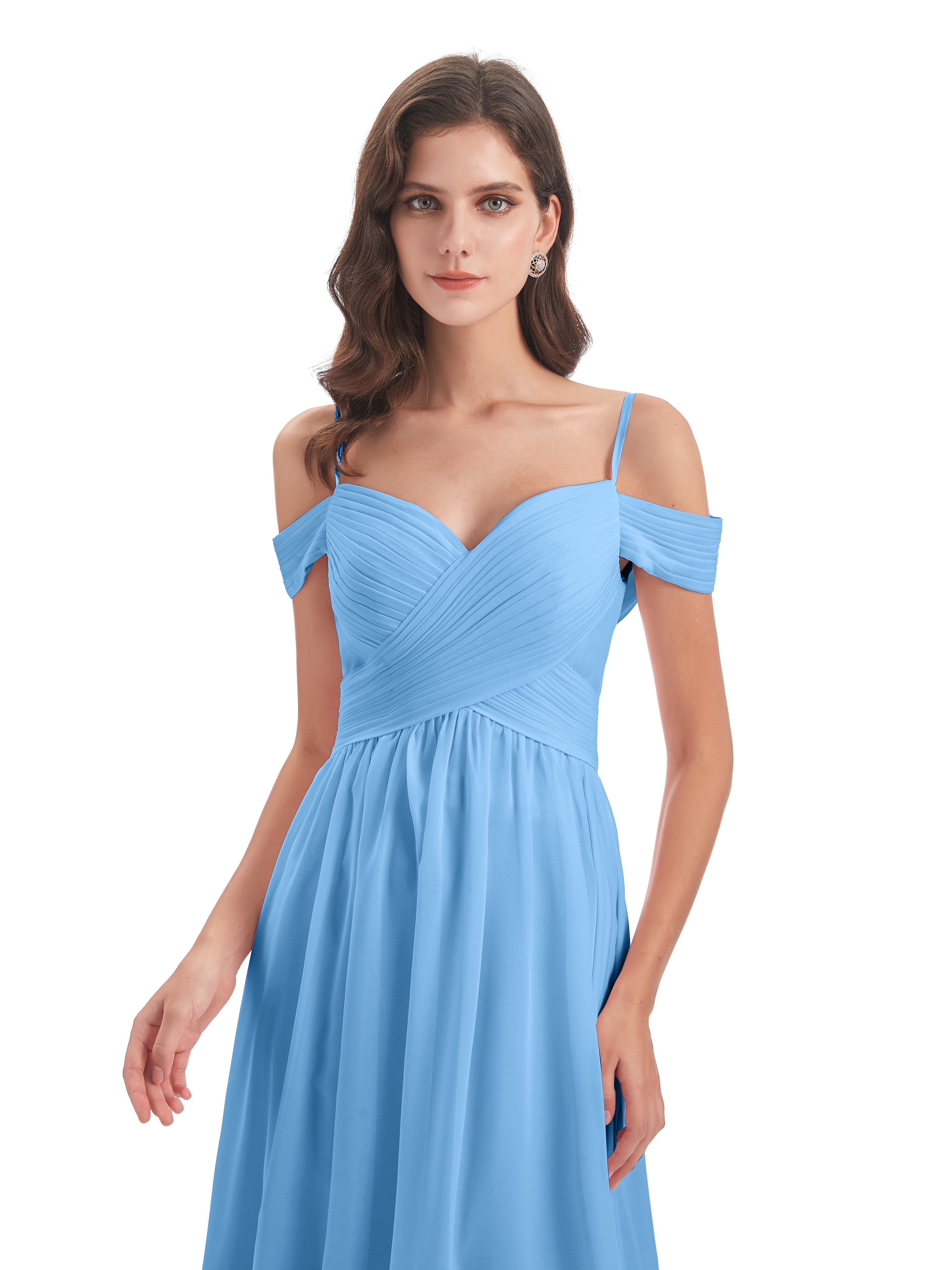Robe Bleu Demoiselle D Honneur Bretelles Spaghetti Trapèze Mousseline Robes Demoiselle D'Honneur