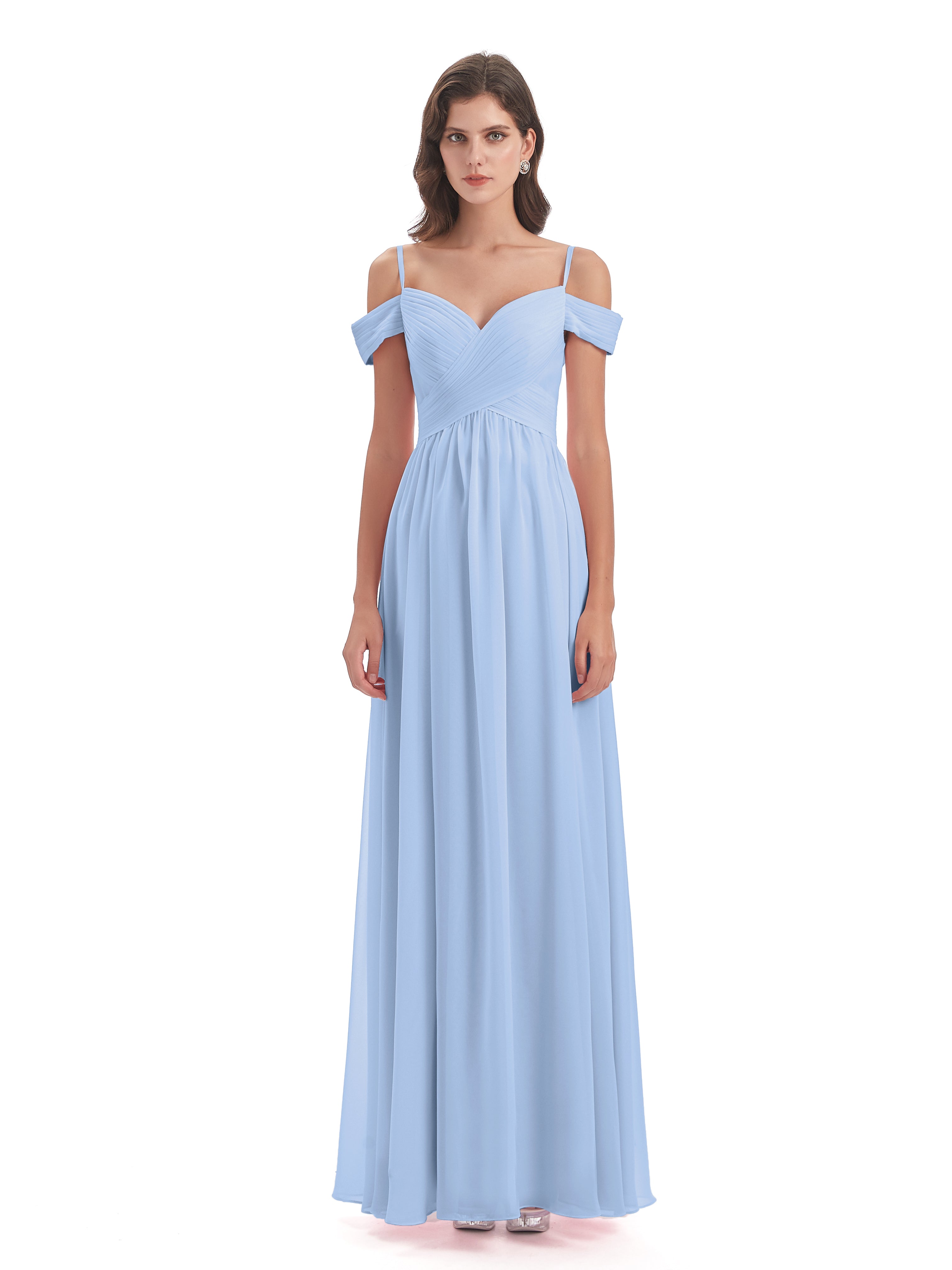 Robe De Demoiselle D Honneur Bleu Ciel Bretelles Spaghetti Trapèze Mousseline Robes Demoiselle D'Honneur