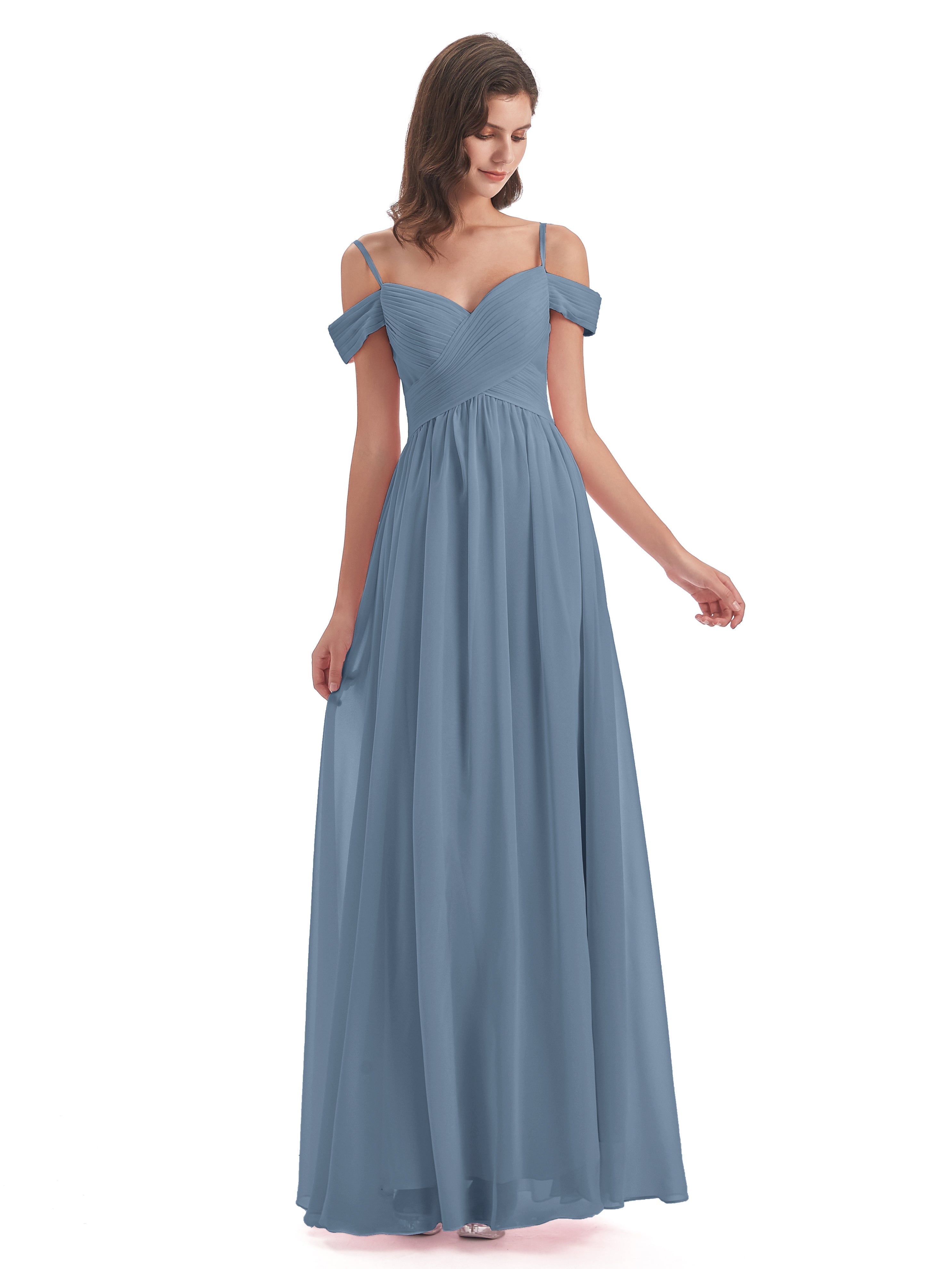 Robes De Demoiselle D'Honneur Bleu De Schiste Bretelles Spaghetti Trapèze Mousseline Robes Demoiselle D'Honneur