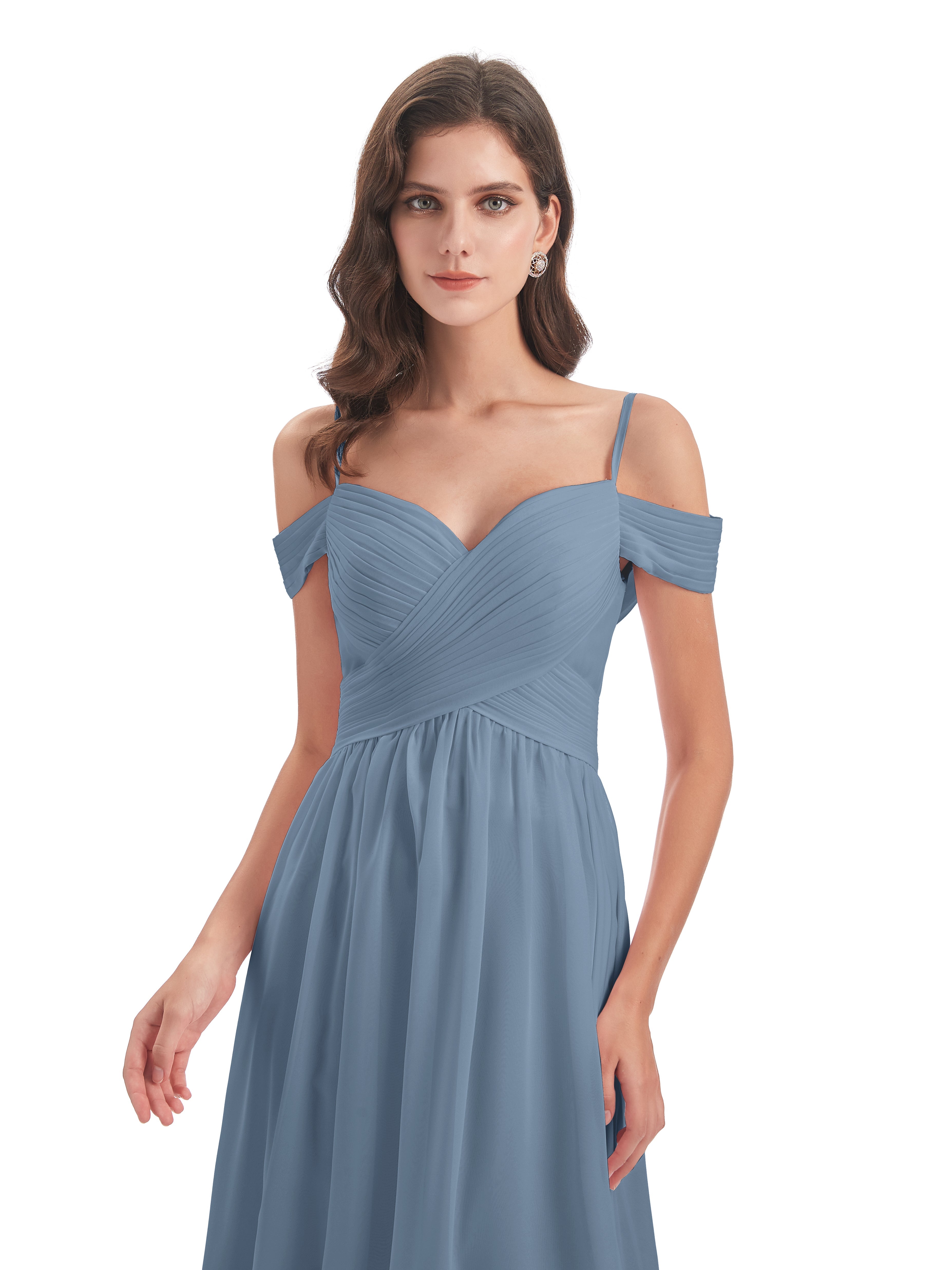 Robes De Demoiselle D'Honneur Bleu De Schiste Bretelles Spaghetti Trapèze Mousseline Robes Demoiselle D'Honneur