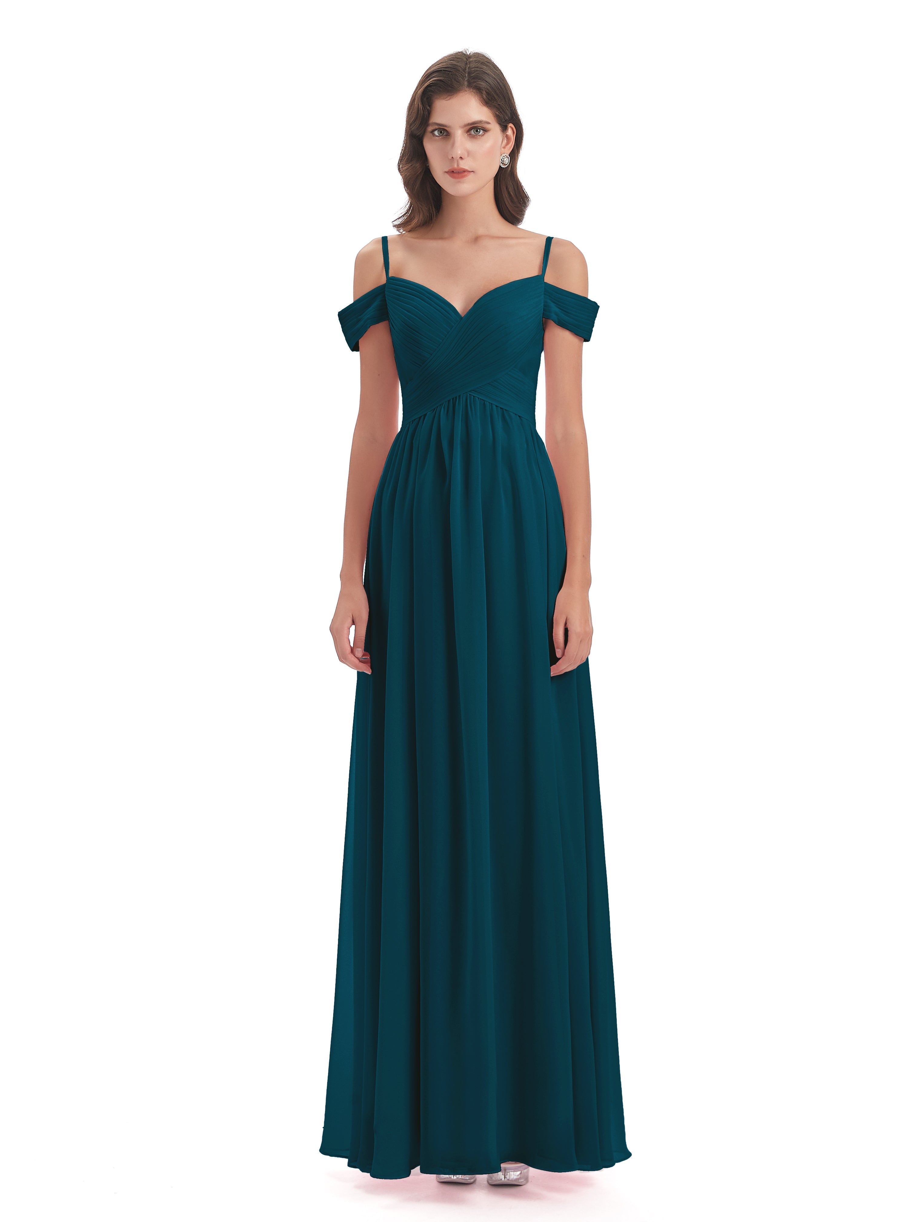 Robes De Demoiselle D'Honneur Bleu Encre Bretelles Spaghetti Trapèze Mousseline Robes Demoiselle D'Honneur