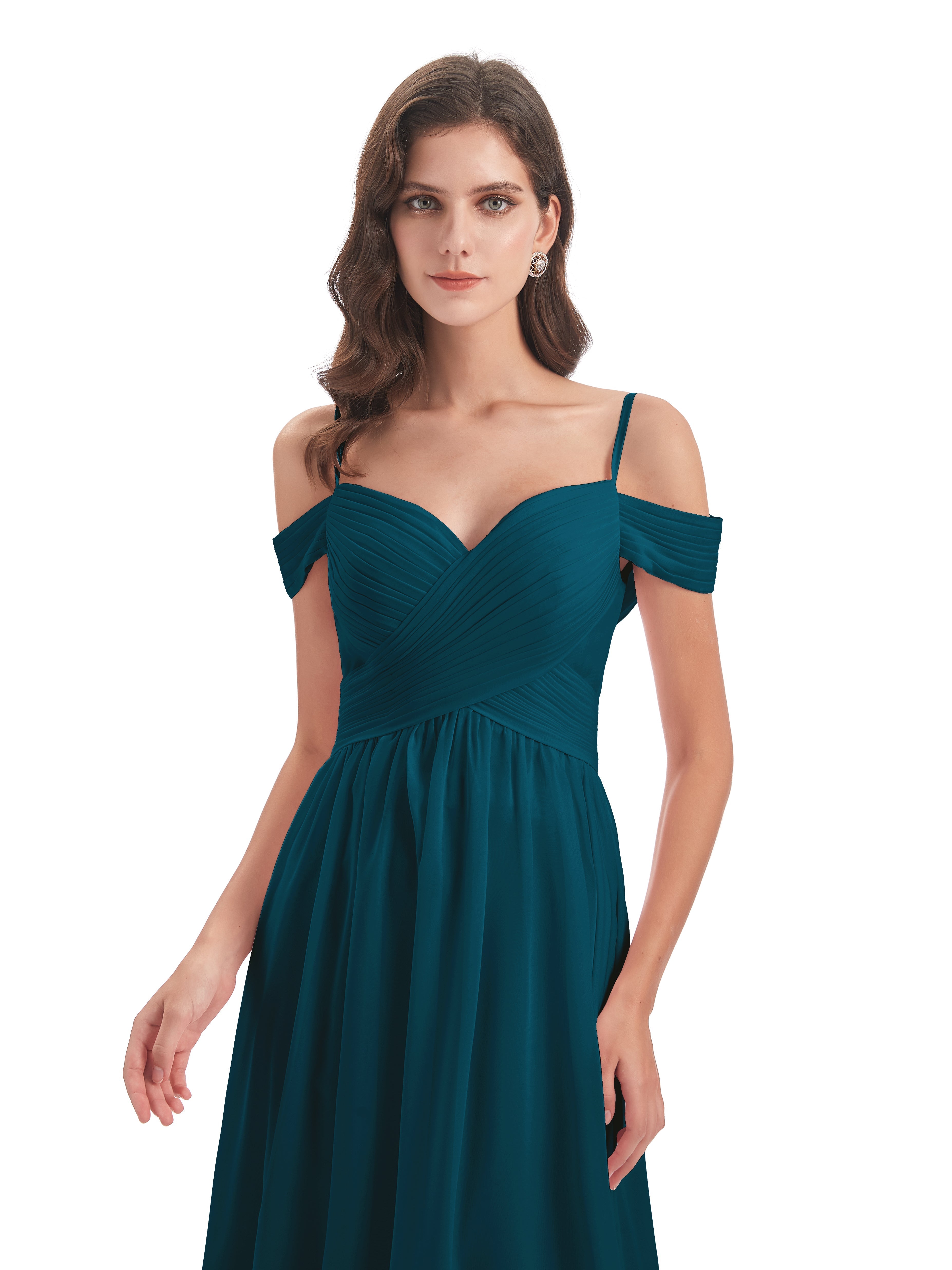 Robes De Demoiselle D'Honneur Bleu Encre Bretelles Spaghetti Trapèze Mousseline Robes Demoiselle D'Honneur