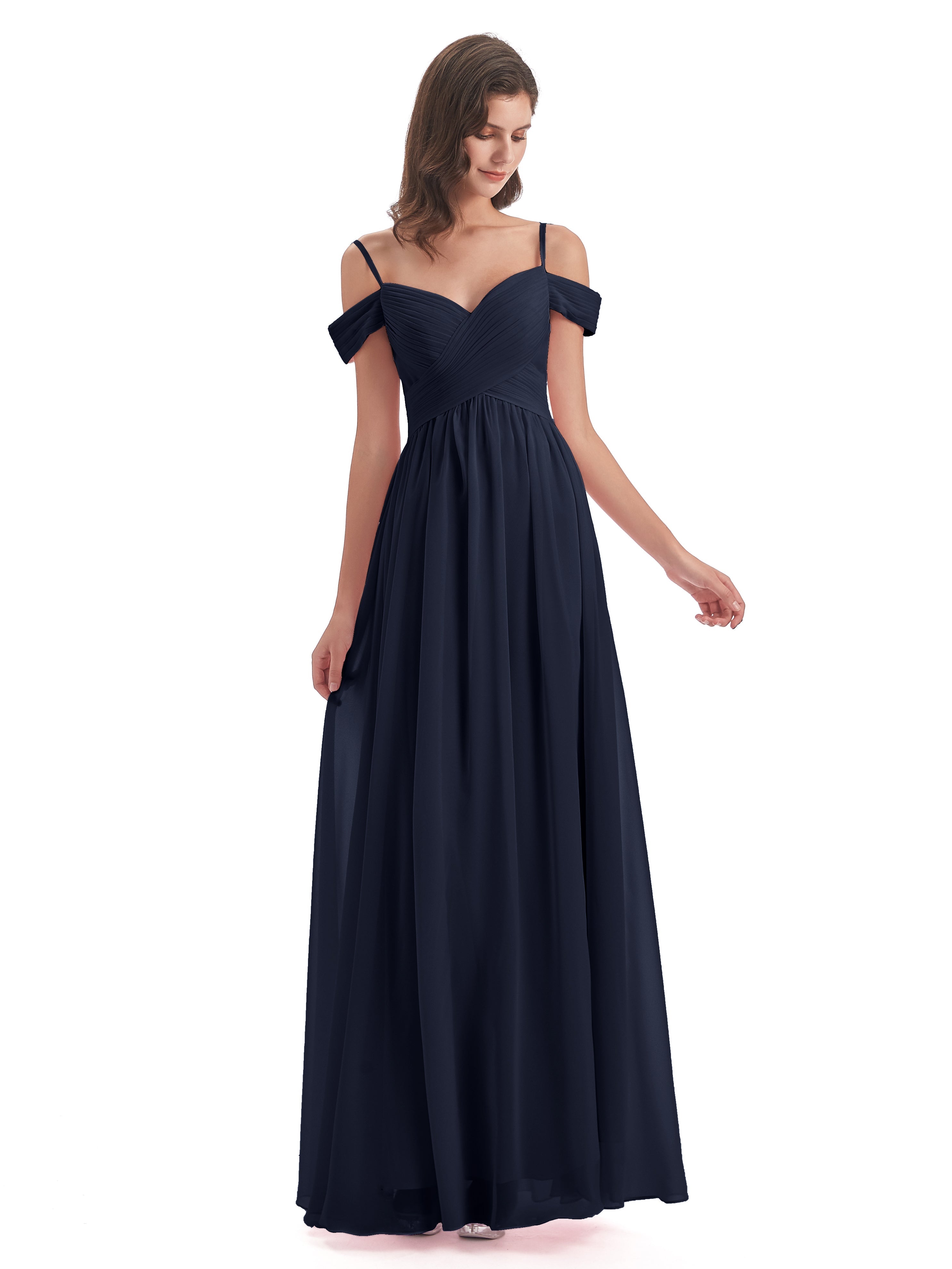 Robe De Demoiselle D Honneur Bleu Marine Bretelles Spaghetti Trapèze Mousseline Robes Demoiselle D'Honneur