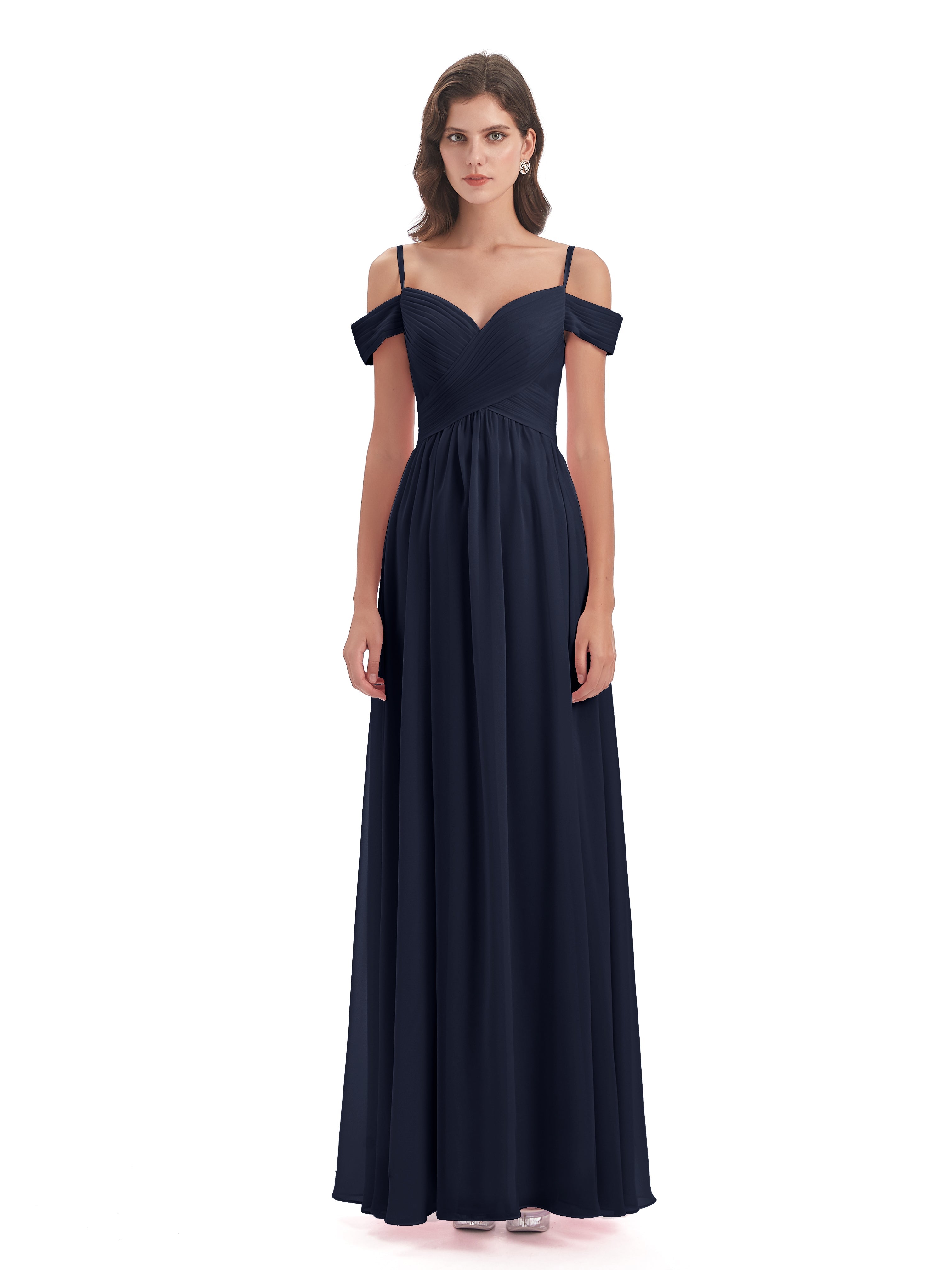 Robe De Demoiselle D Honneur Bleu Marine Bretelles Spaghetti Trapèze Mousseline Robes Demoiselle D'Honneur