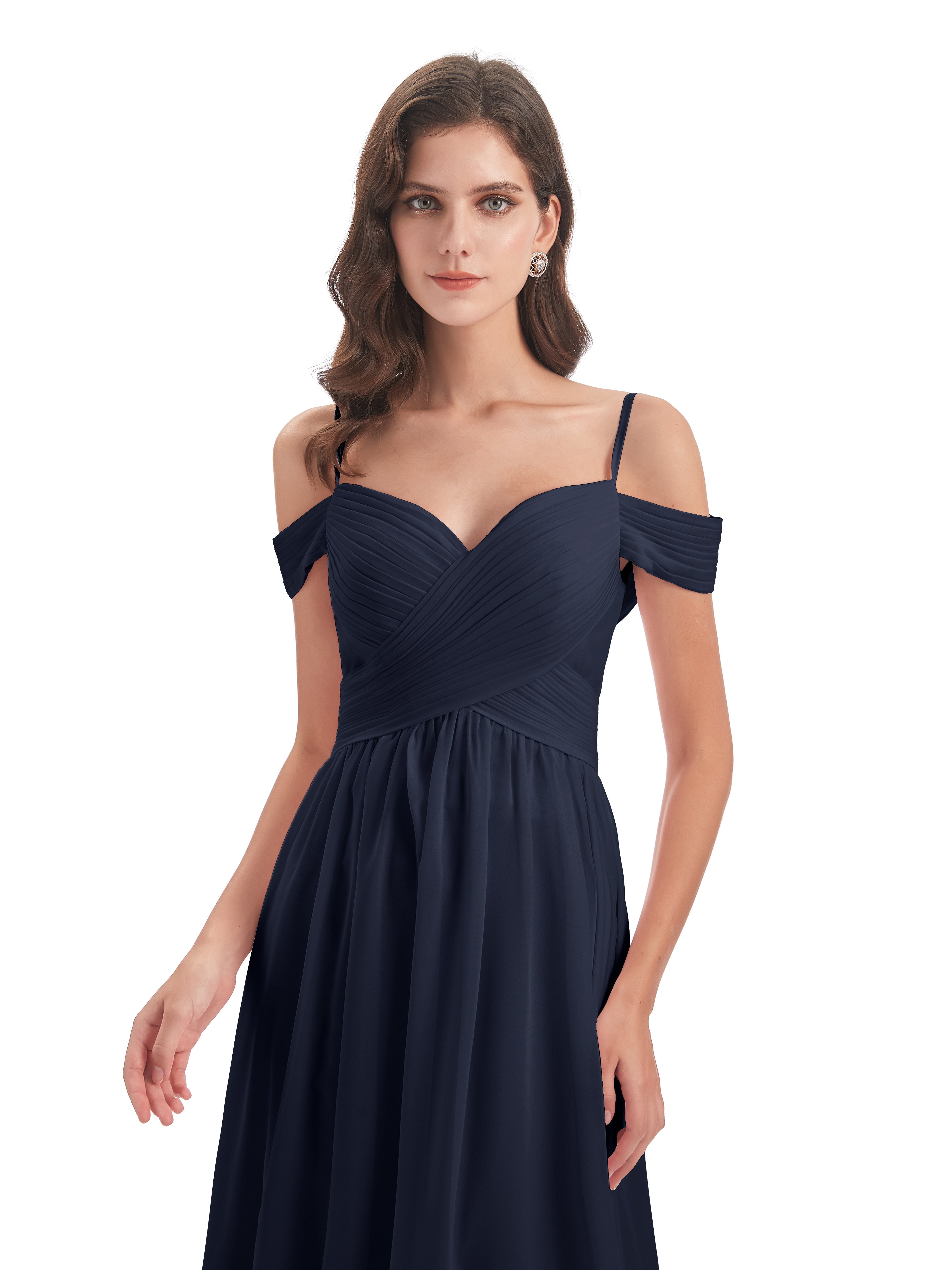 Robe De Demoiselle D Honneur Bleu Marine Bretelles Spaghetti Trapèze Mousseline Robes Demoiselle D'Honneur