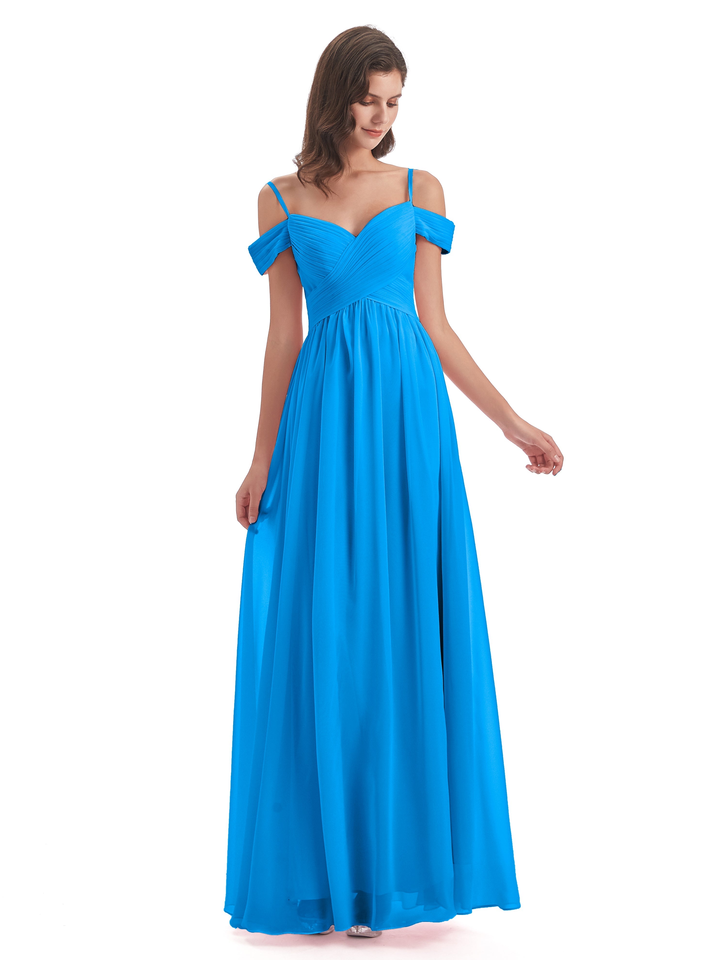 Robes De Demoiselle D'Honneur Bleu Océan Bretelles Spaghetti Trapèze Mousseline Robes Demoiselle D'Honneur