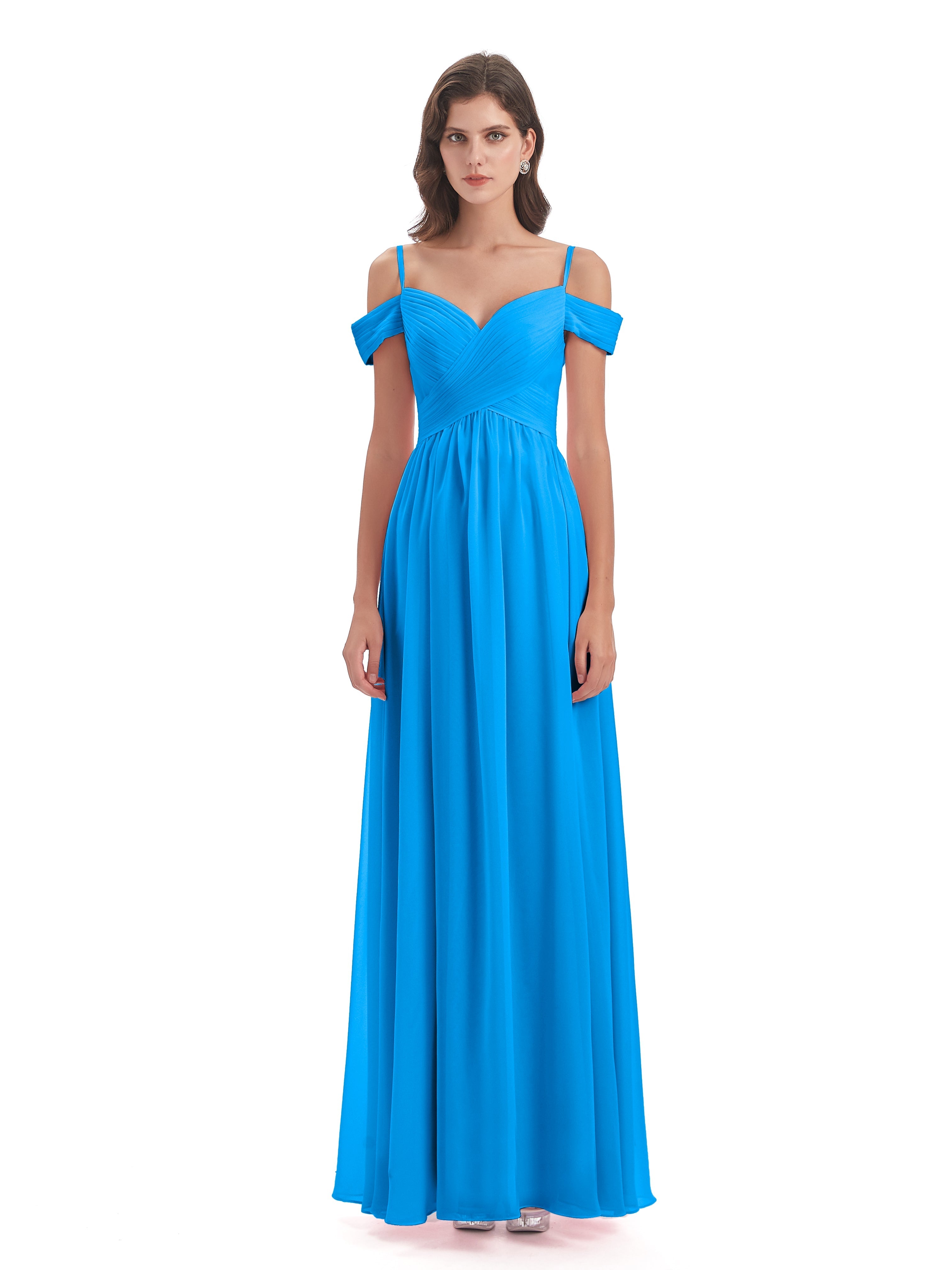 Robes De Demoiselle D'Honneur Bleu Océan Bretelles Spaghetti Trapèze Mousseline Robes Demoiselle D'Honneur