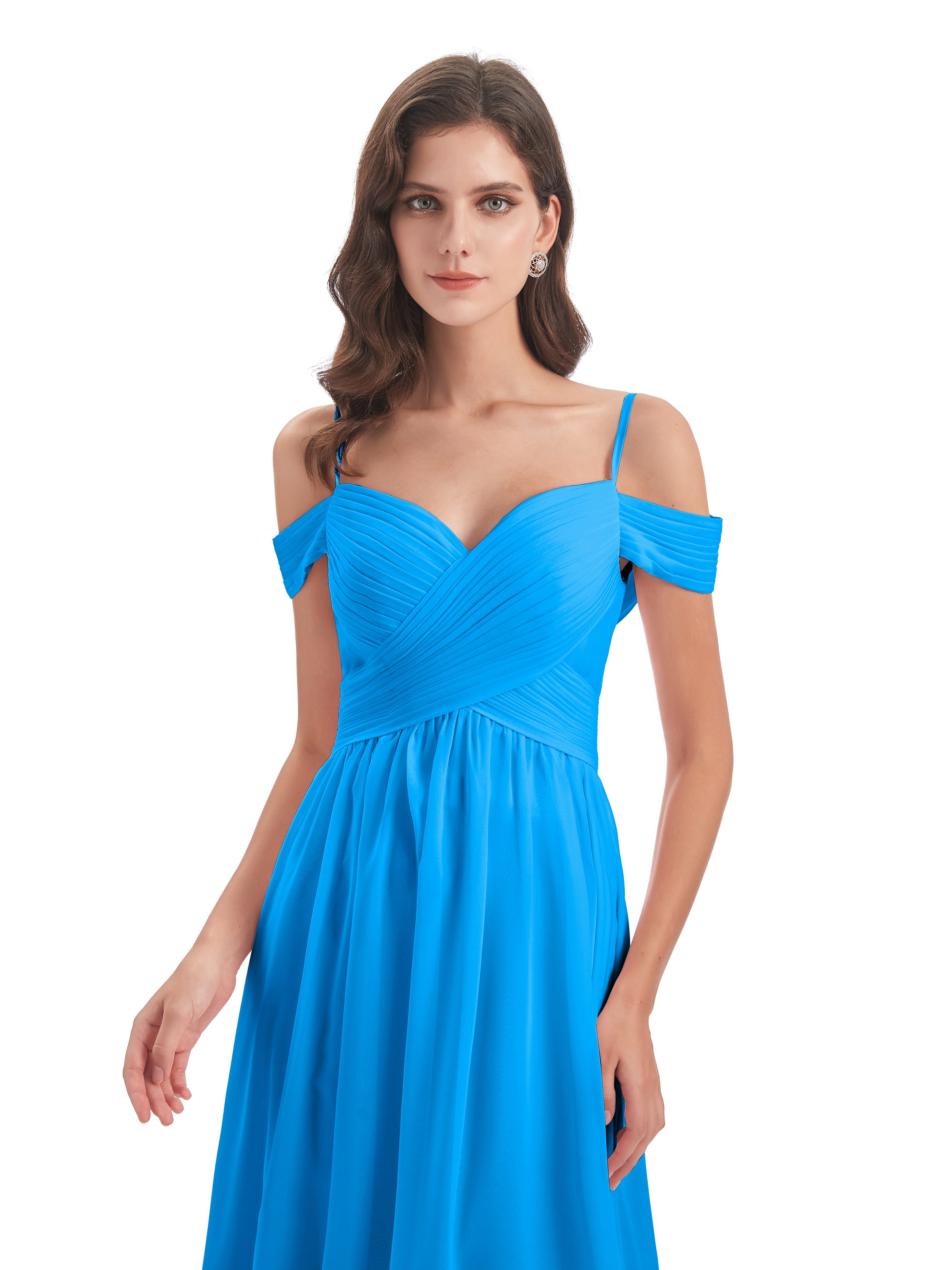 Robes De Demoiselle D'Honneur Bleu Océan Bretelles Spaghetti Trapèze Mousseline Robes Demoiselle D'Honneur