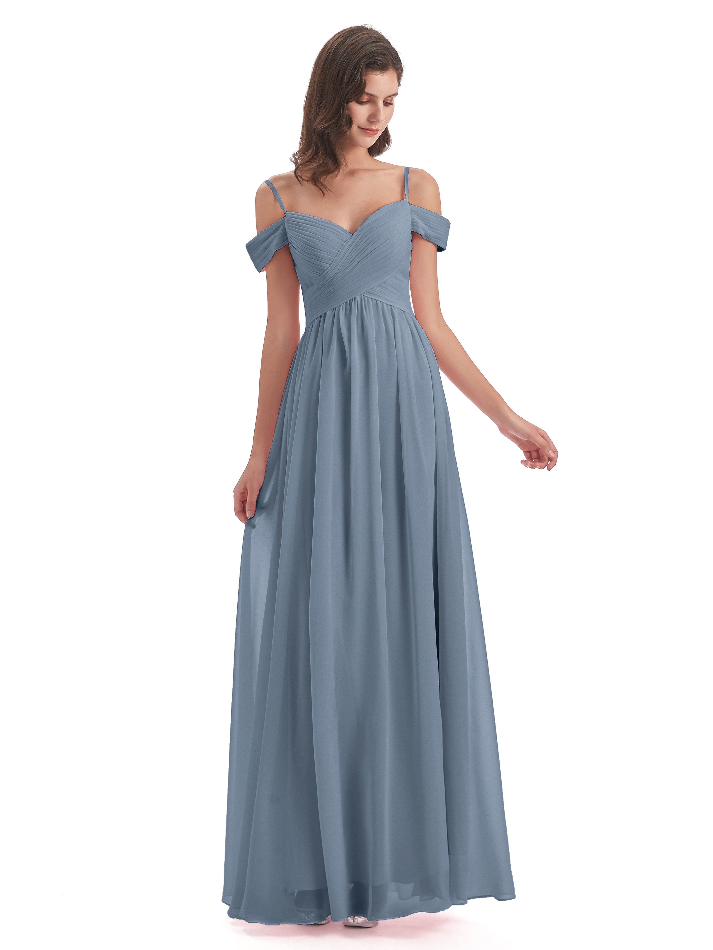 Robes De Demoiselle D'Honneur Bleu Poudre Bretelles Spaghetti Trapèze Mousseline Robes Demoiselle D'Honneur