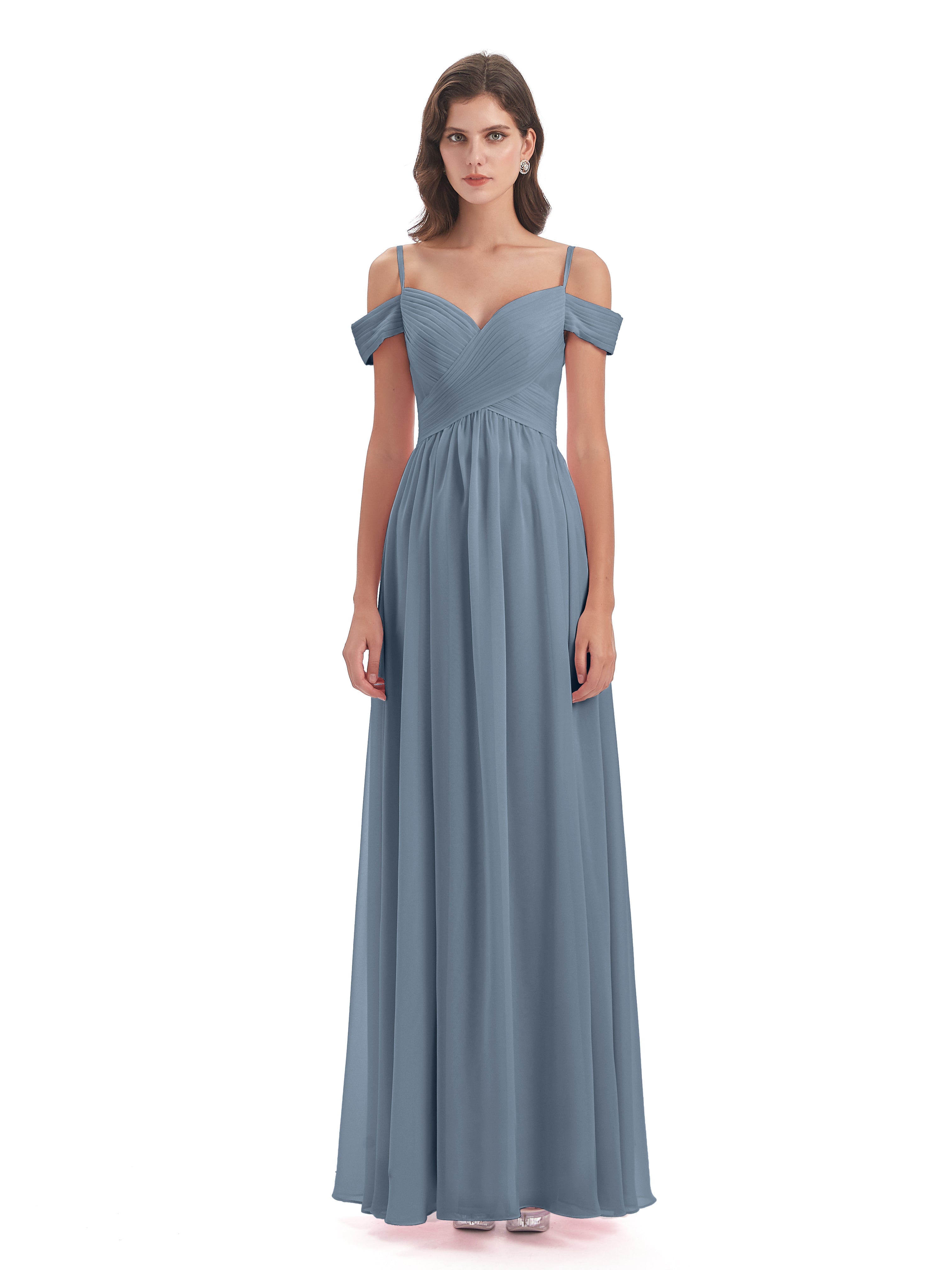 Robes De Demoiselle D'Honneur Bleu Poudre Bretelles Spaghetti Trapèze Mousseline Robes Demoiselle D'Honneur