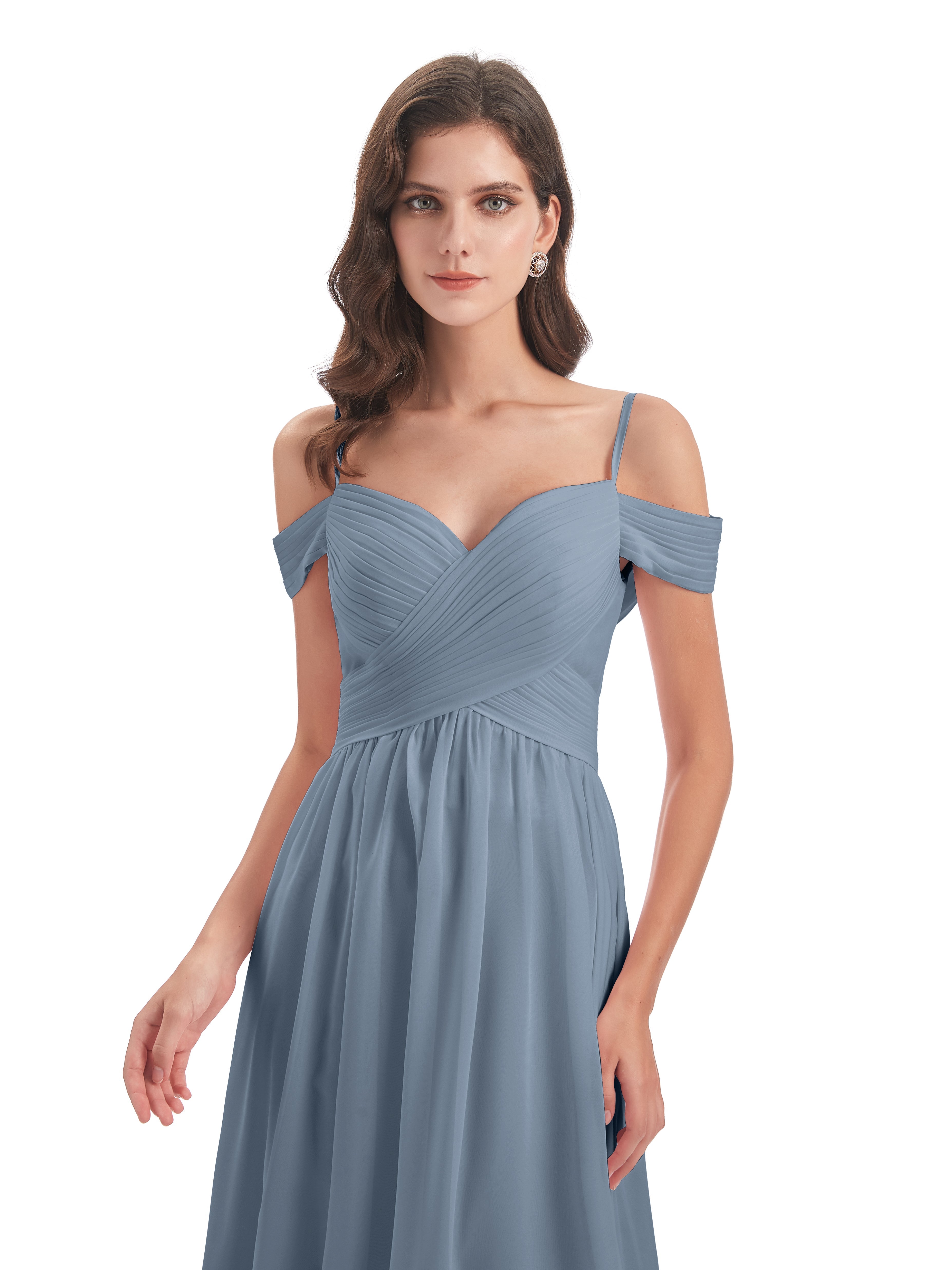 Robes De Demoiselle D'Honneur Bleu Poudre Bretelles Spaghetti Trapèze Mousseline Robes Demoiselle D'Honneur