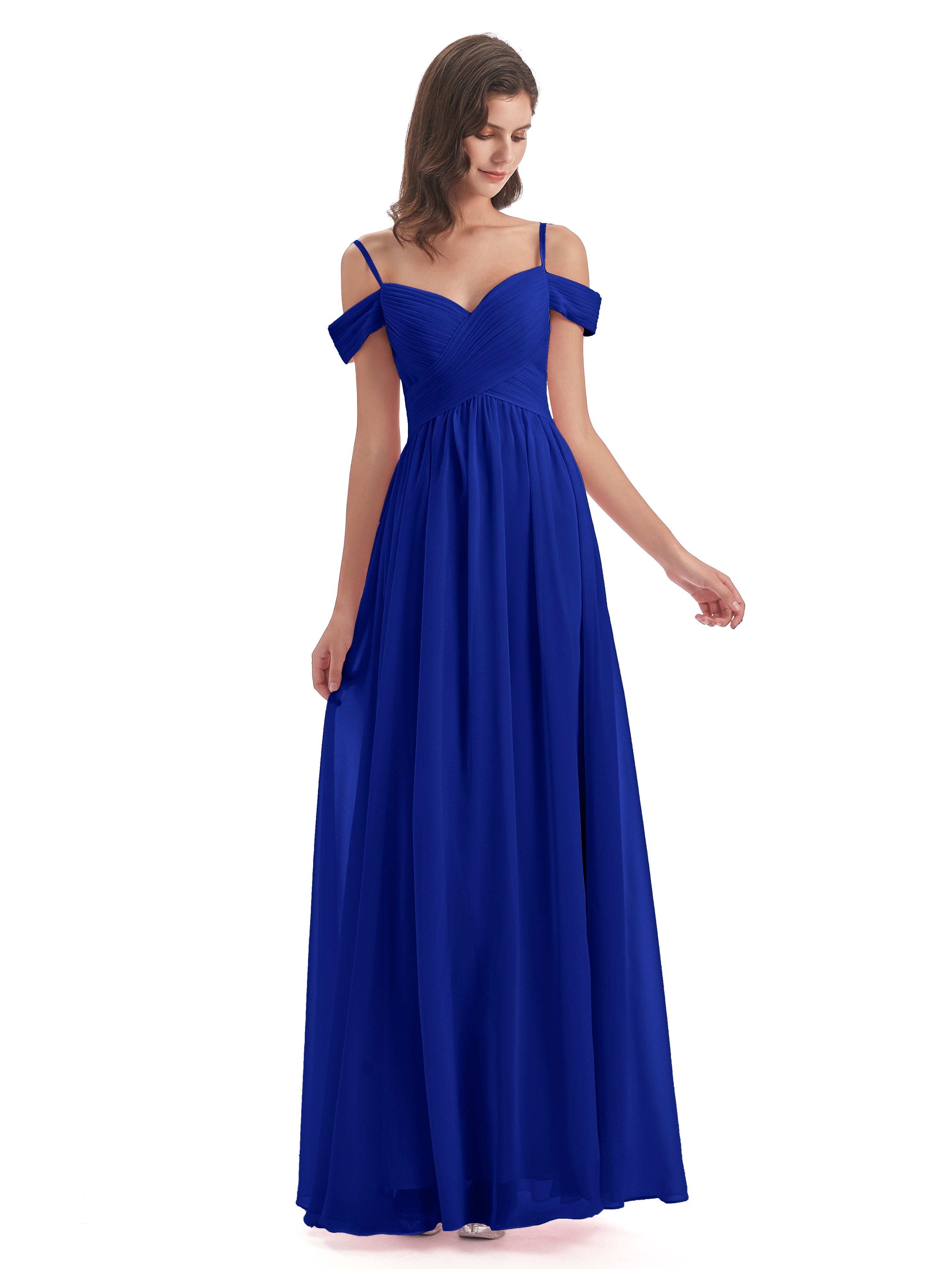 Robe Demoiselle D Honneur Bleue Roi Bretelles Spaghetti Trapèze Mousseline Robes Demoiselle D'Honneur