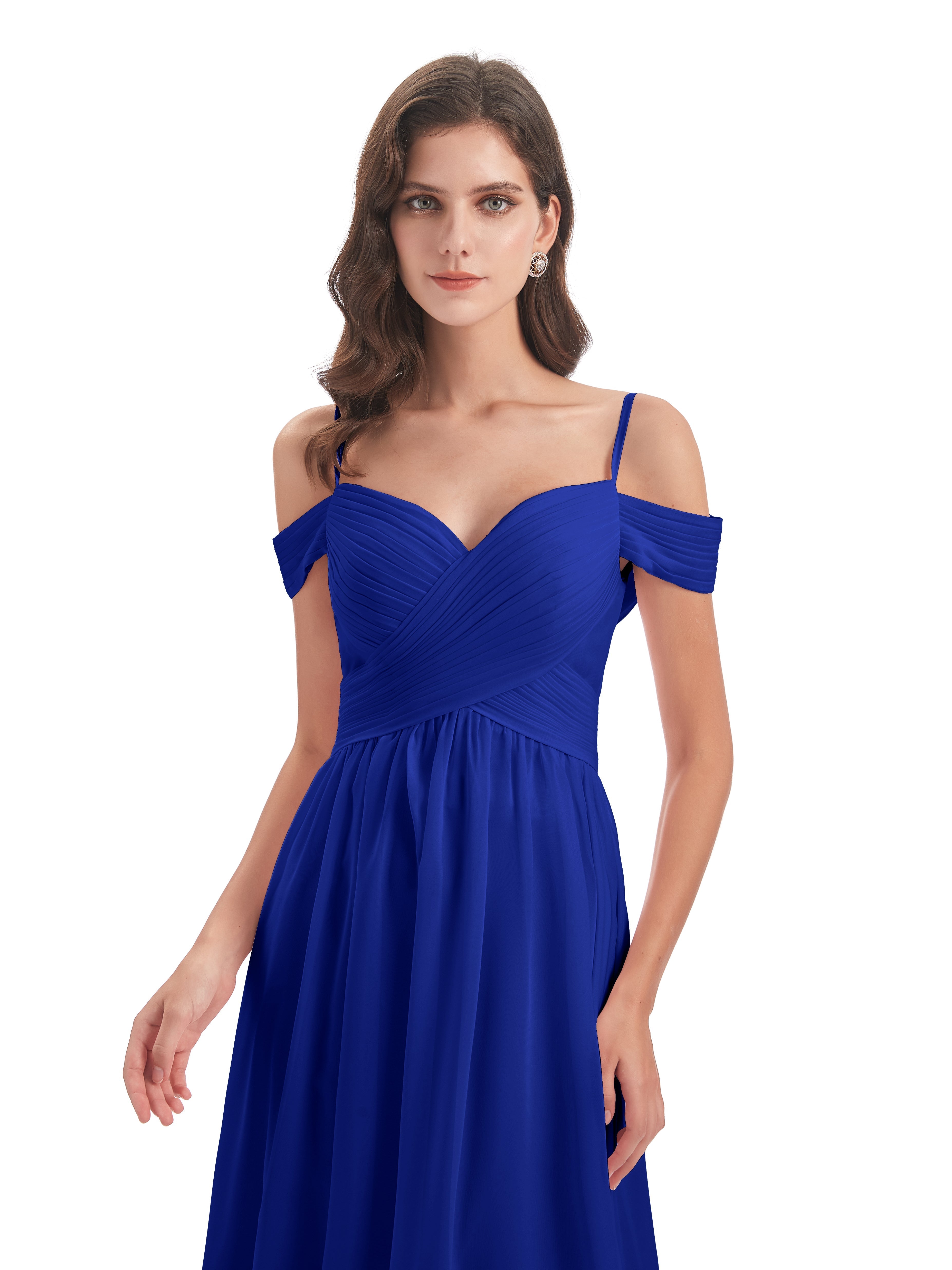 Robe Demoiselle D Honneur Bleue Roi Bretelles Spaghetti Trapèze Mousseline Robes Demoiselle D'Honneur