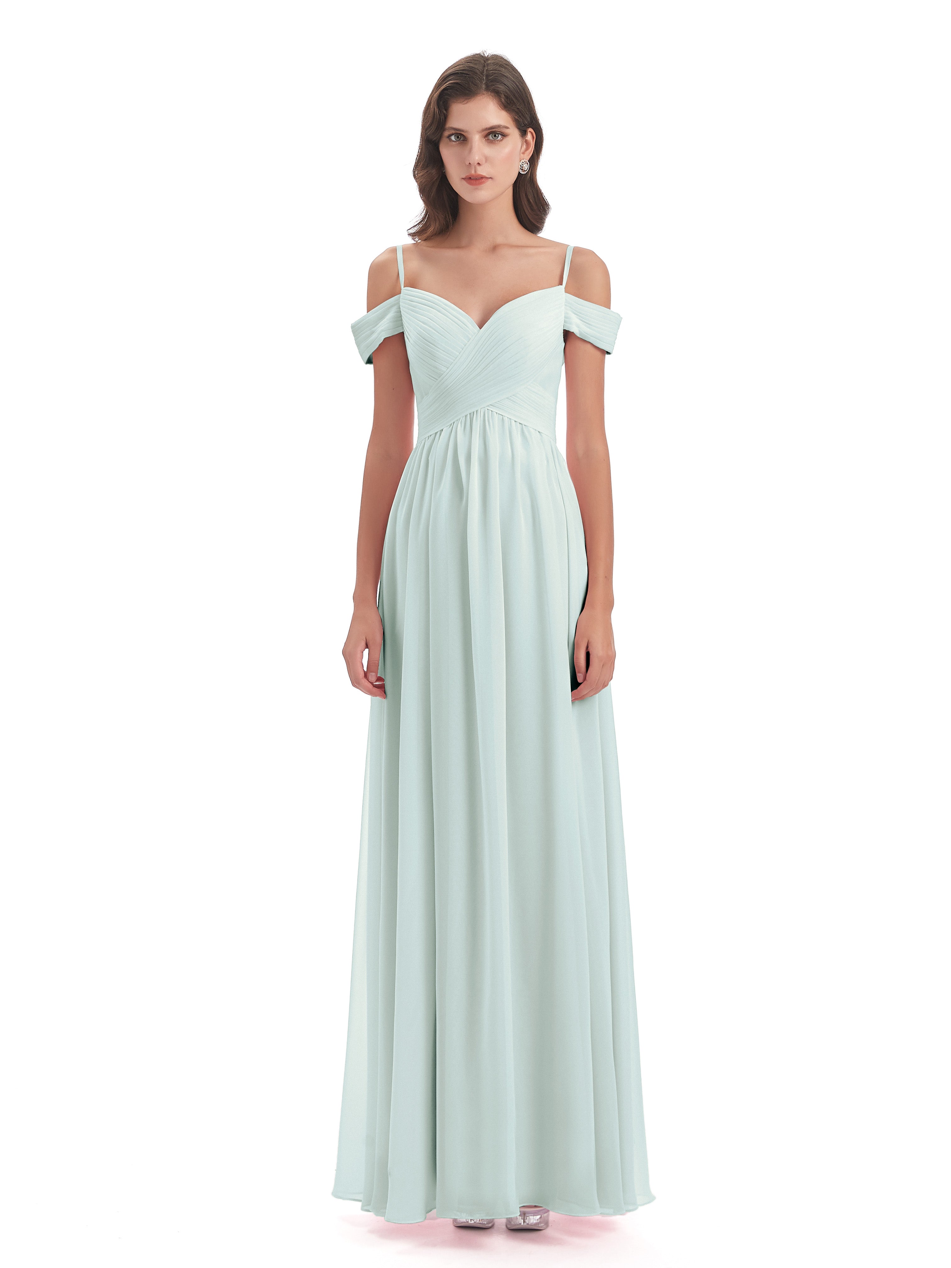 Robes De Demoiselle D'Honneur Celadon Col V Mousseline Longue Robes Demoiselle D'Honneur