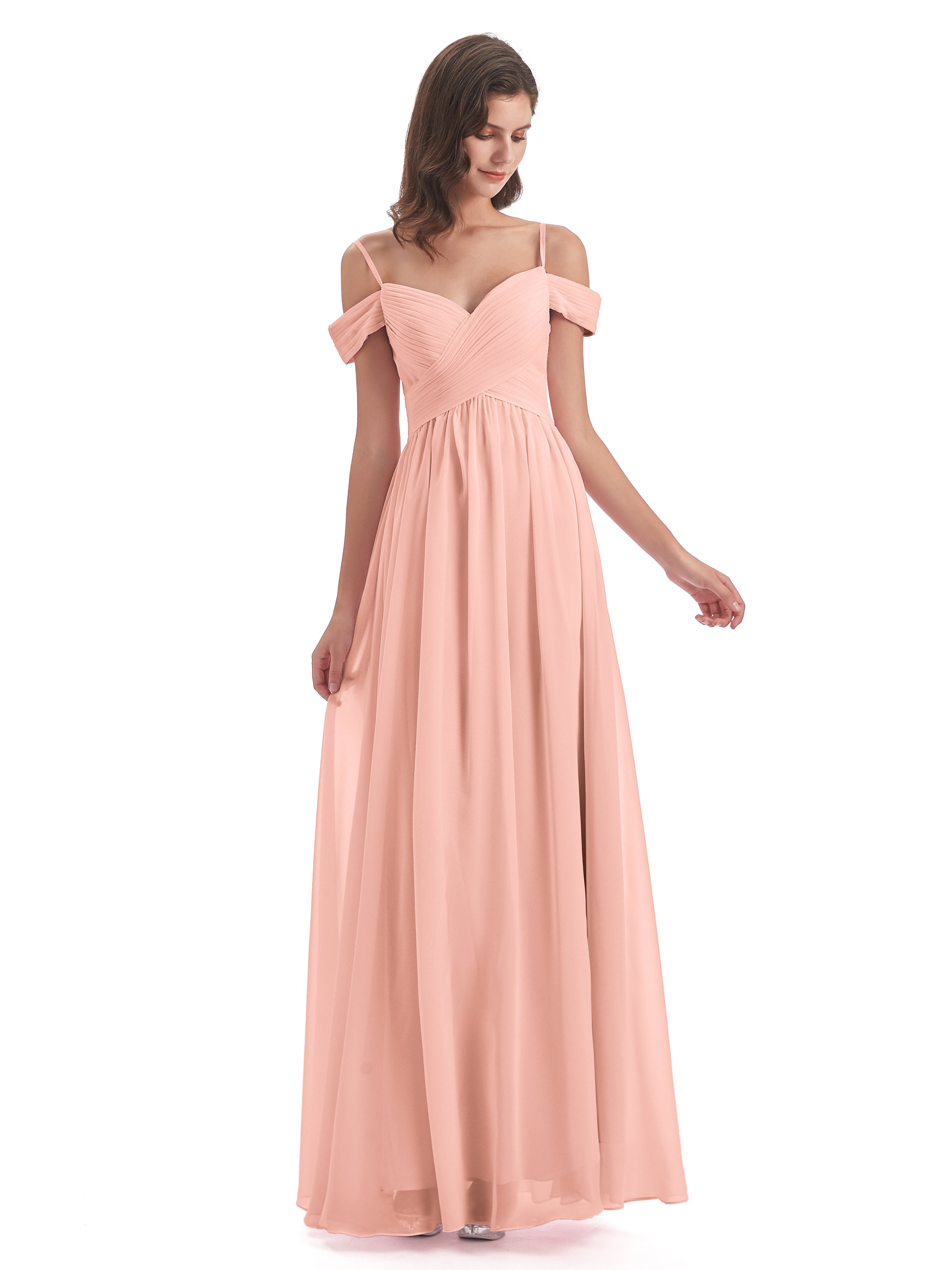 Robes Demoiselles D Honneur Corail Bretelles Spaghetti Trapèze Mousseline Robes Demoiselle D'Honneur