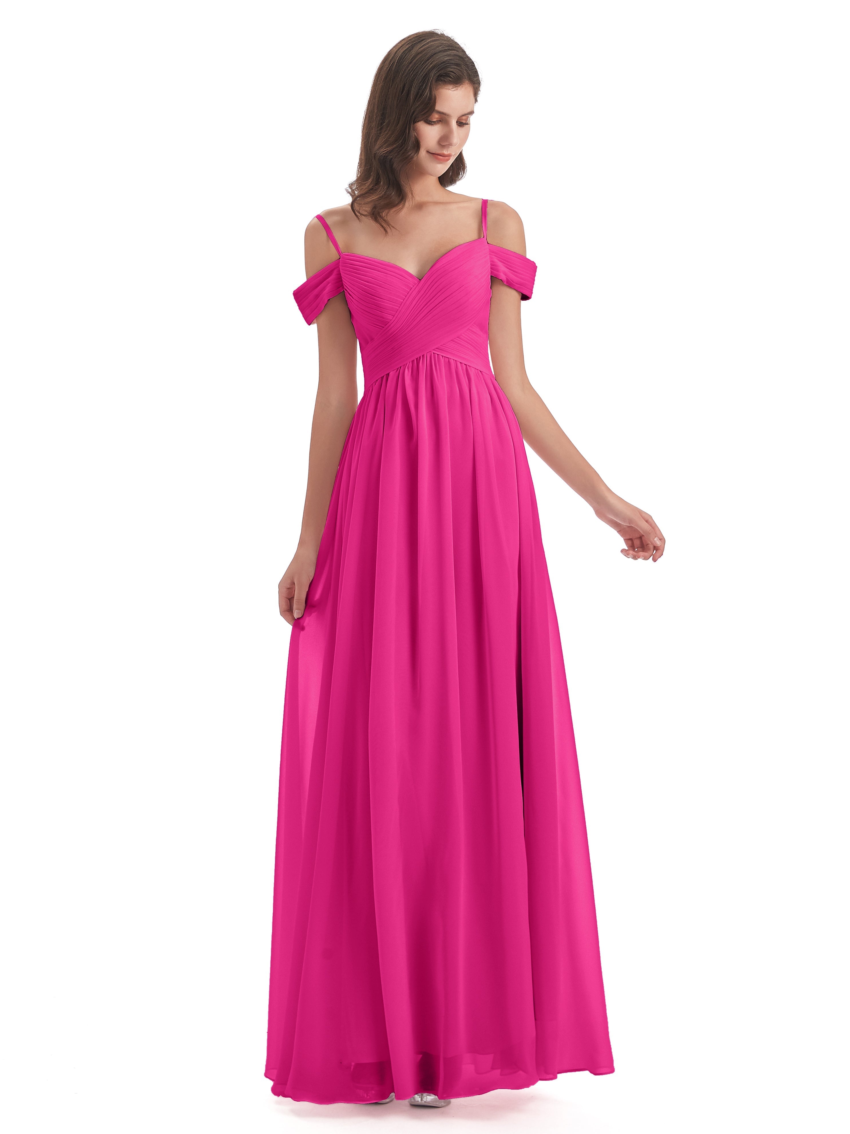 Robes De Demoiselle D'Honneur Rose Fuchsia Couleur Bretelles Spaghetti Trapèze Mousseline Robes Demoiselle D'Honneur