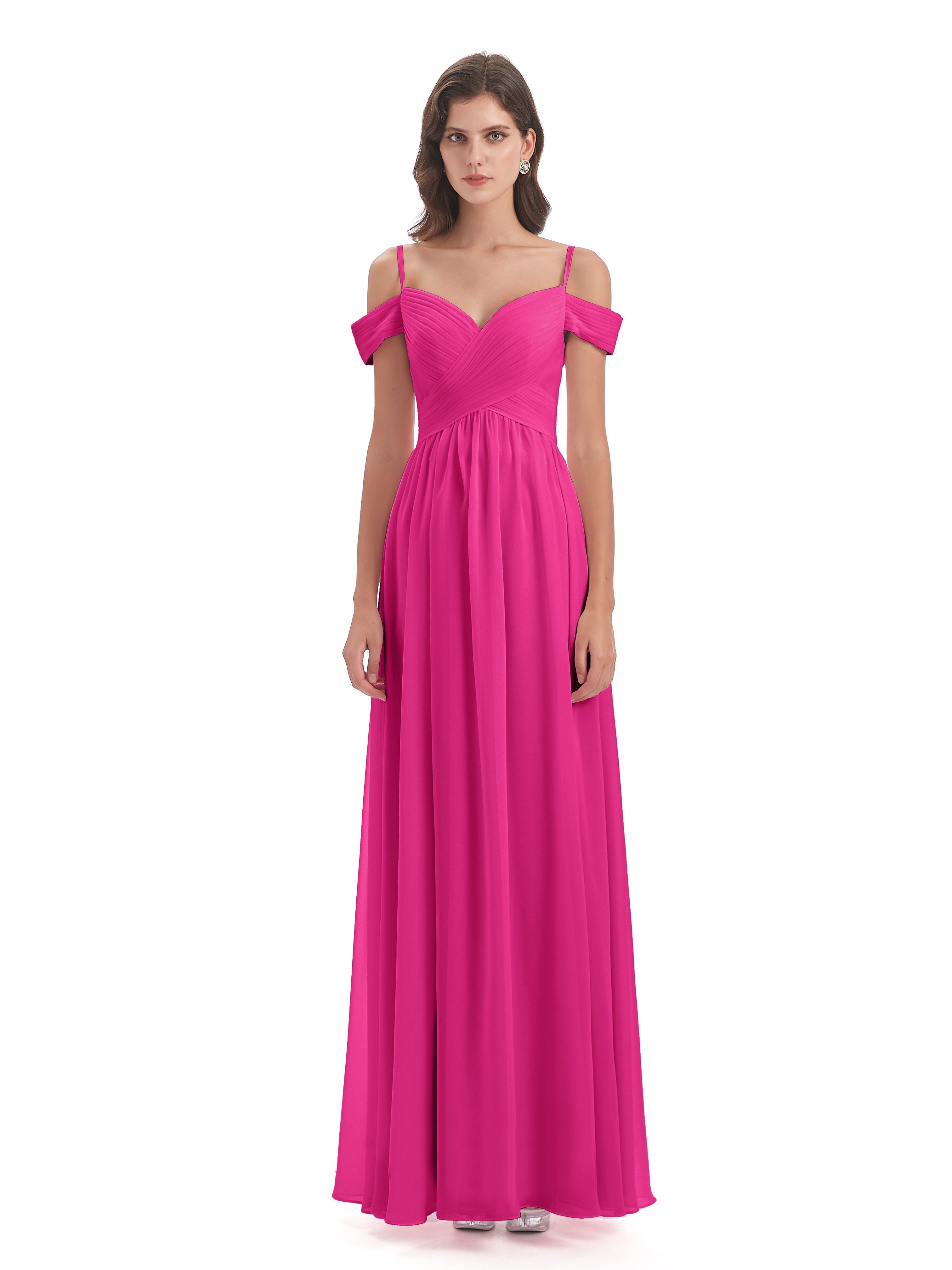 Robes De Demoiselle D'Honneur Rose Fuchsia Couleur Bretelles Spaghetti Trapèze Mousseline Robes Demoiselle D'Honneur