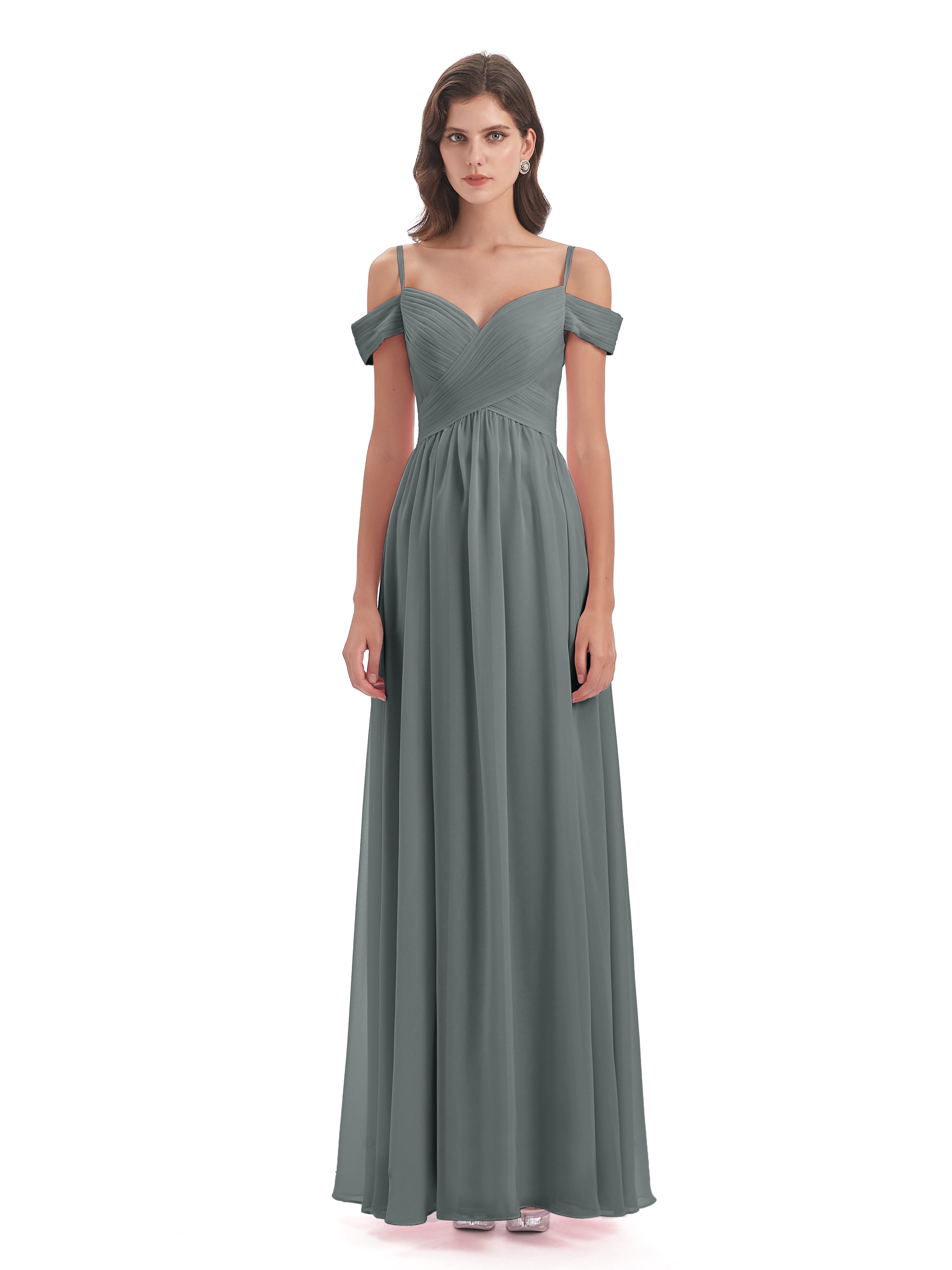 Robe Demoiselle D Honneur Grise Bretelles Spaghetti Trapèze Mousseline Robes Demoiselle D'Honneur