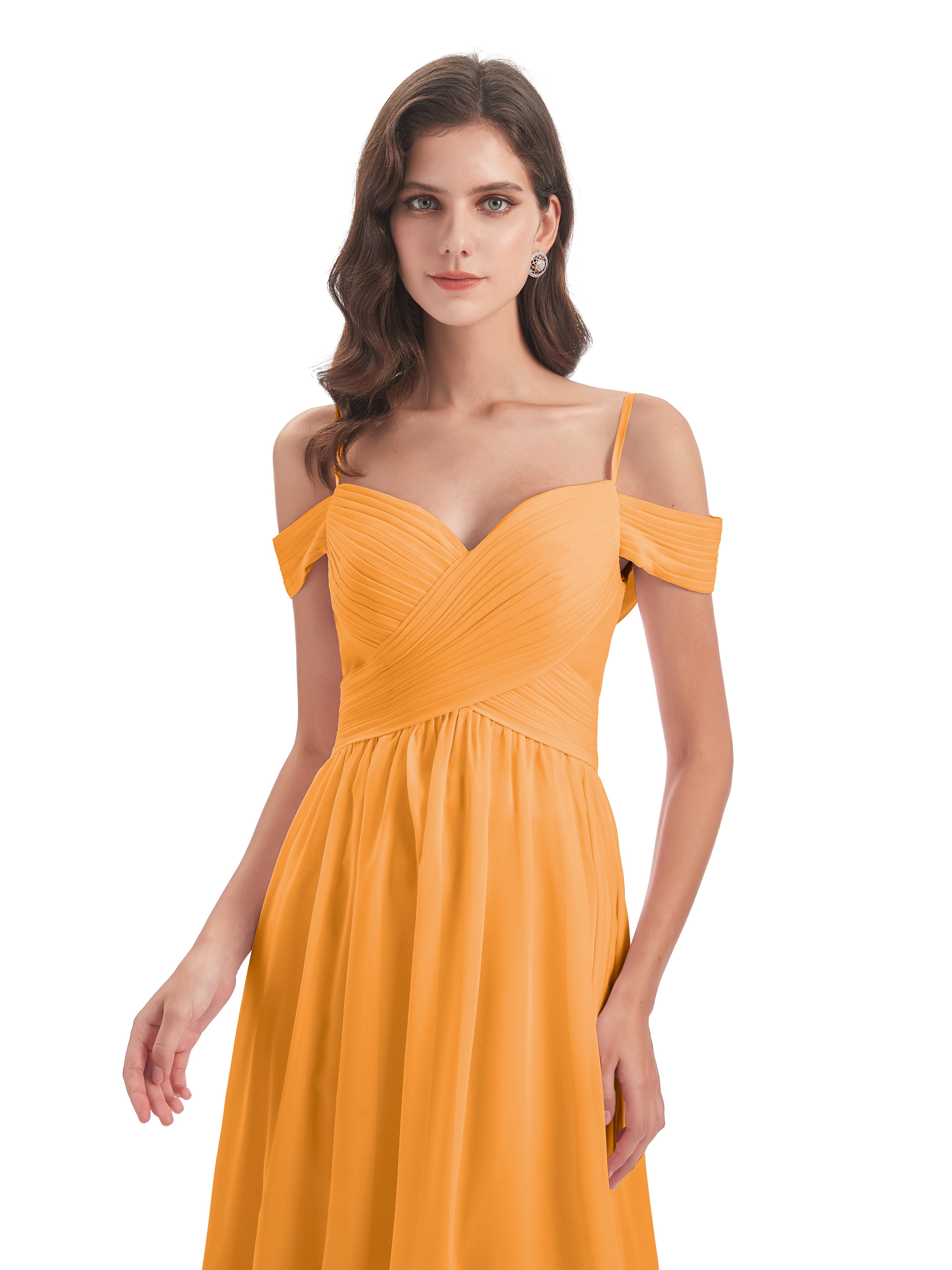 Robes De Demoiselle D'Honneur Mandarine Bretelles Spaghetti Trapèze Mousseline Robes Demoiselle D'Honneur