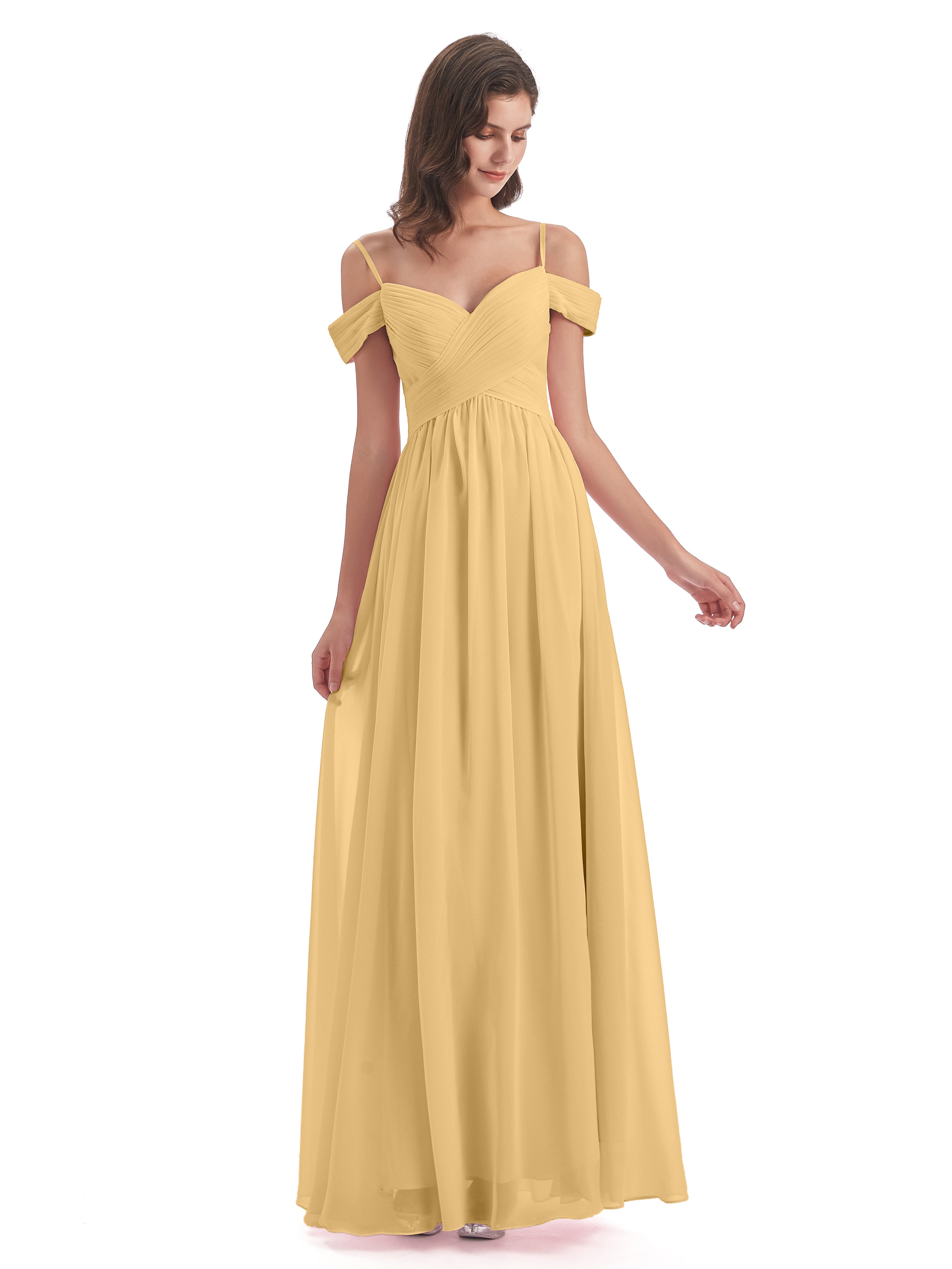 Robe Demoiselle D Honneur Dore Bretelles Spaghetti Trapèze Mousseline Robes Demoiselle D'Honneur