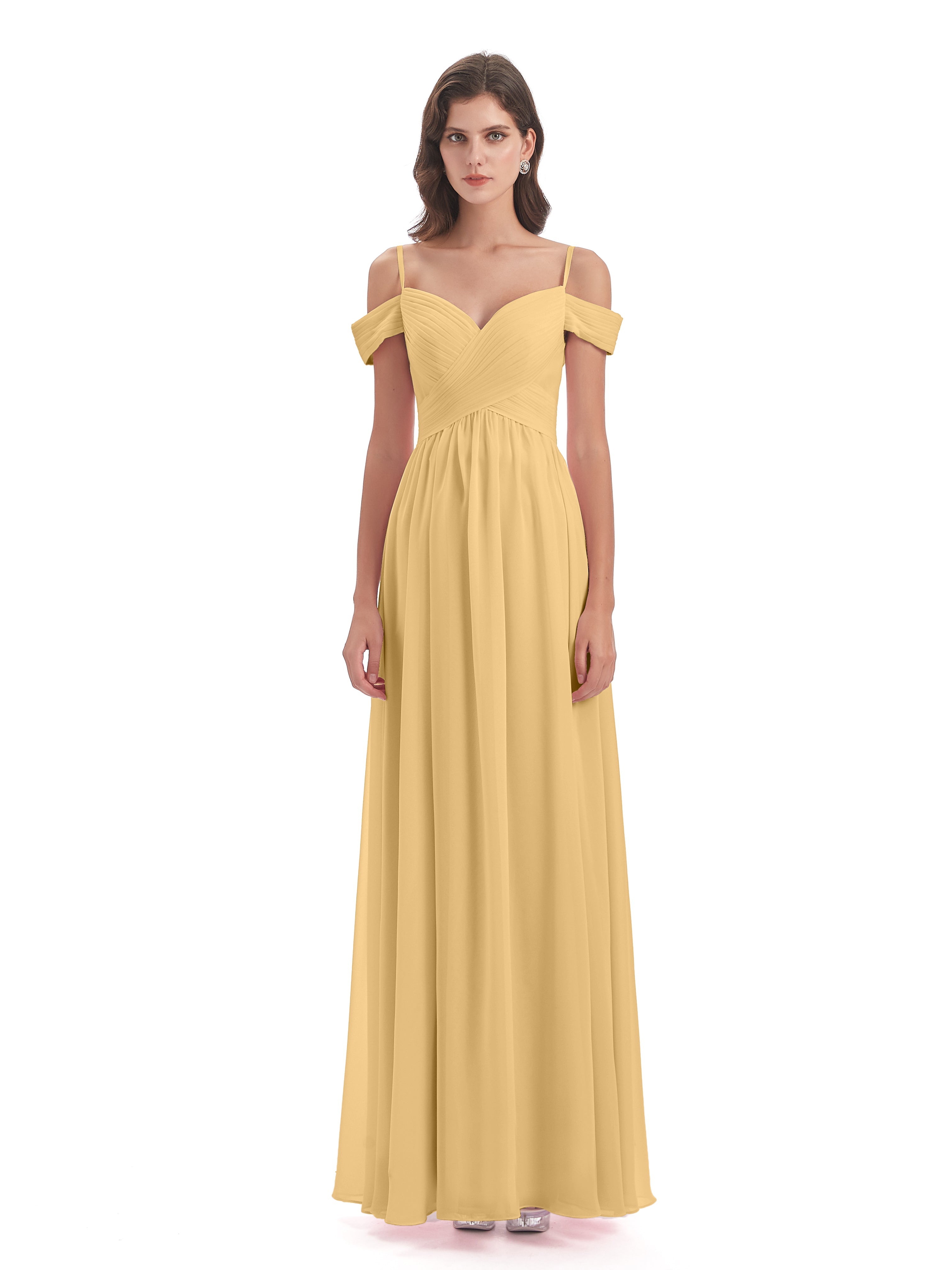 Robe Demoiselle D Honneur Dore Bretelles Spaghetti Trapèze Mousseline Robes Demoiselle D'Honneur